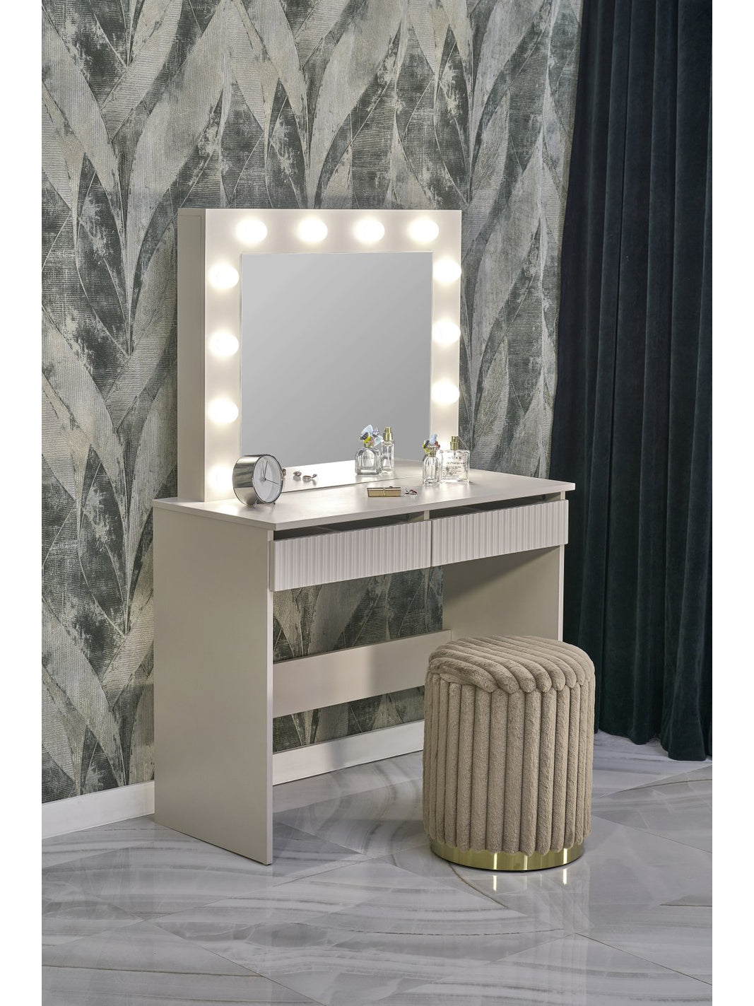 Măsuță de toaletă Velinio 95 cm cashmere cu oglindă LED și 2 sertare