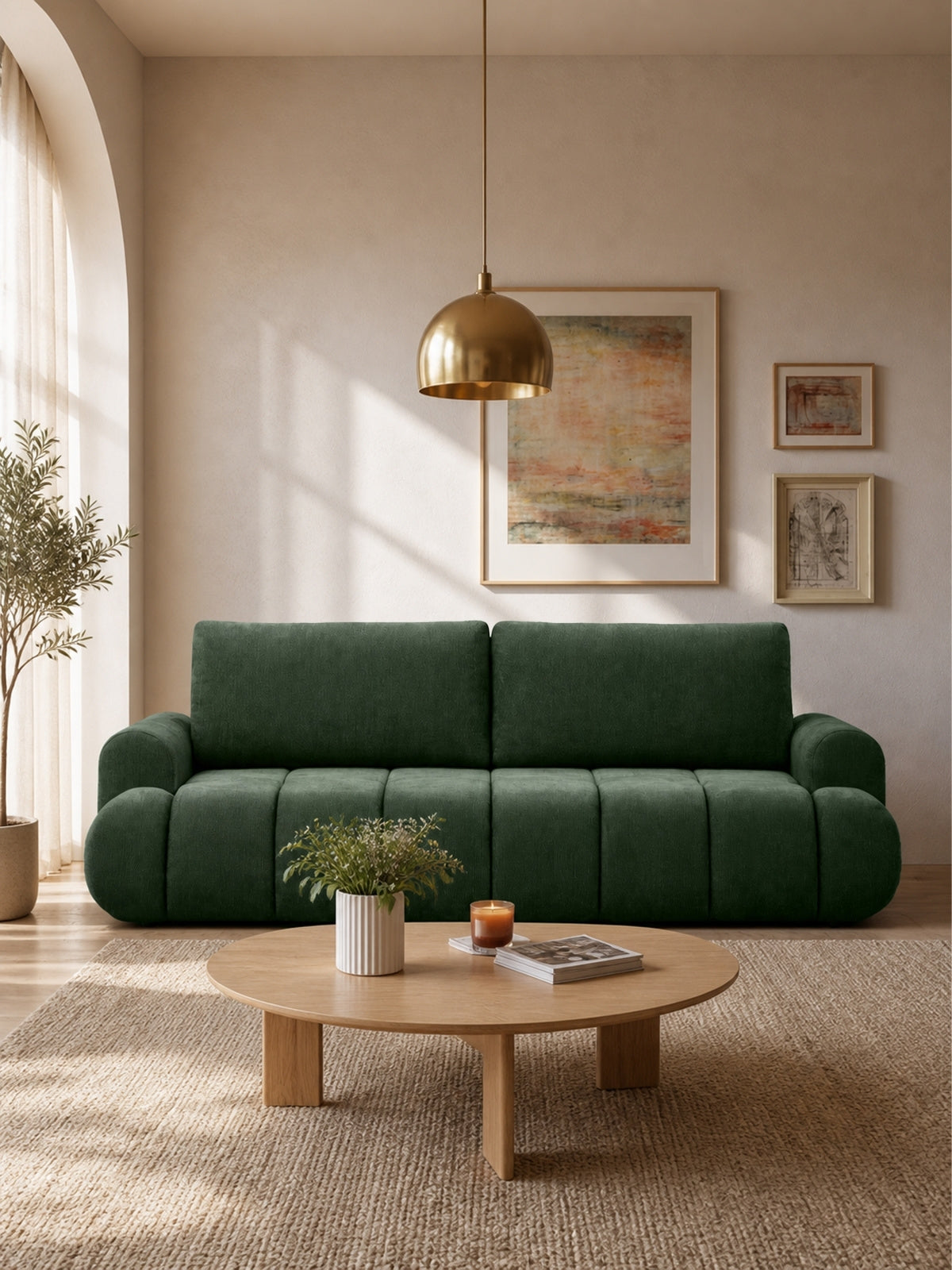 Canapea Lutario cu funcție de dormit verde szenil Vibe 39 în living luminos