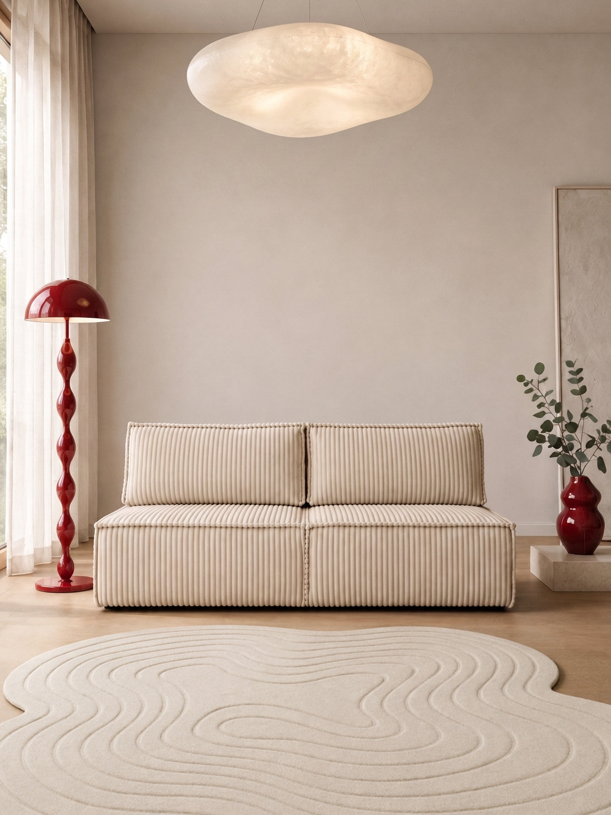Canapea Solvero extensibilă, bej, trei locuri, cu picioare negre, stil modern