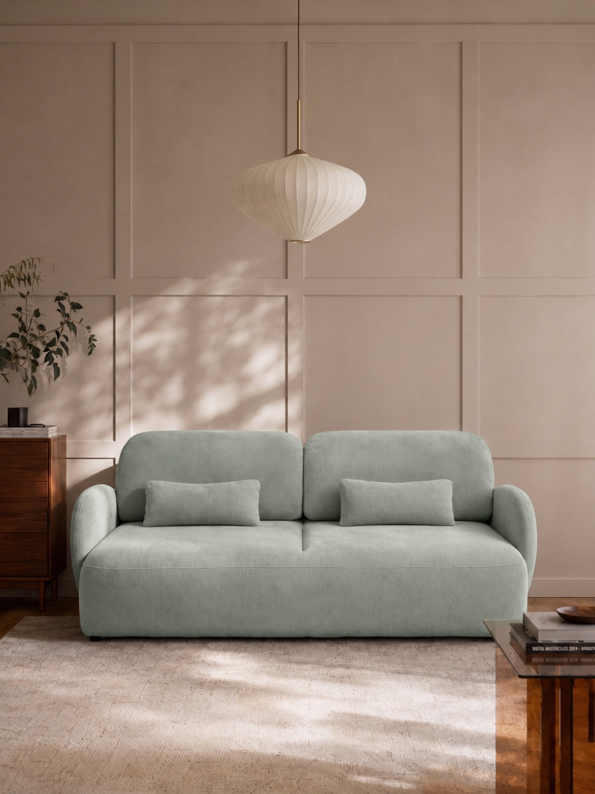 Canapea Elora cu funcție de dormit, material verde Vibe 34 șenil, vedere frontală