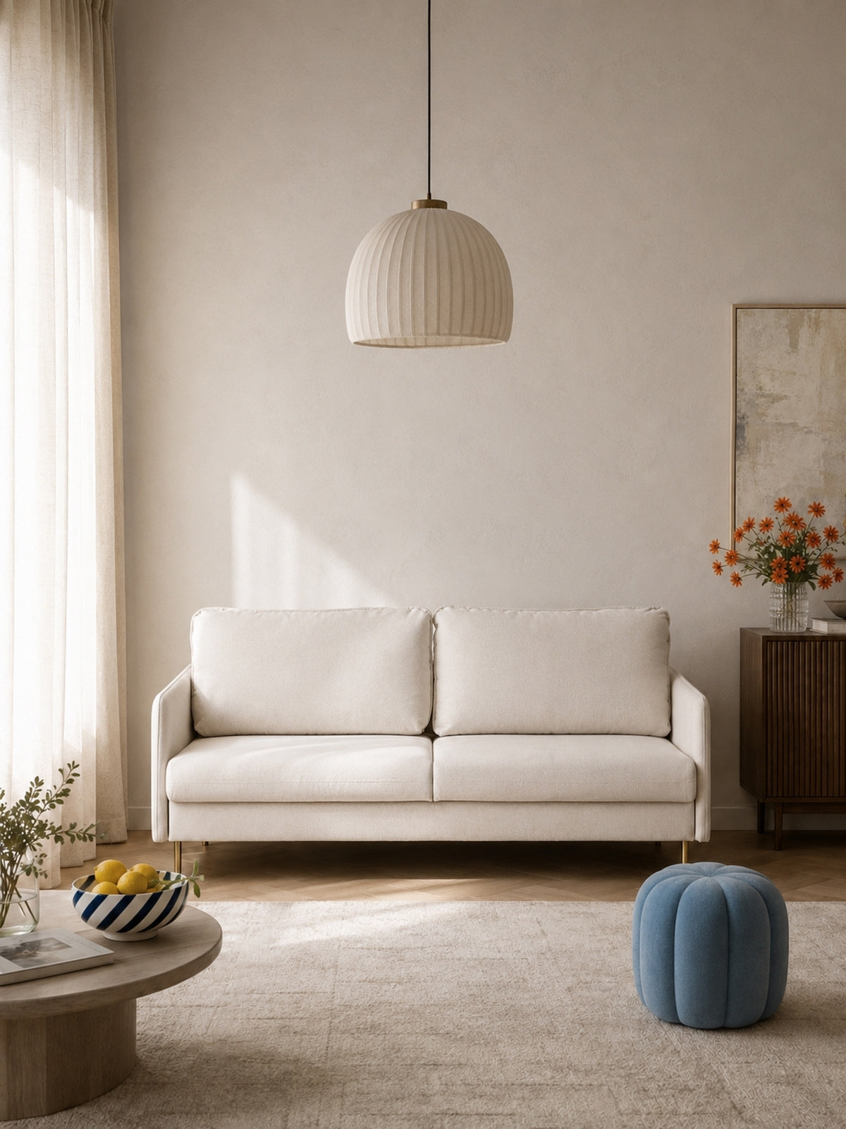 Canapea extensibilă Movani bej cu țesătură Loft 01 și picioare aurii, vedere din față