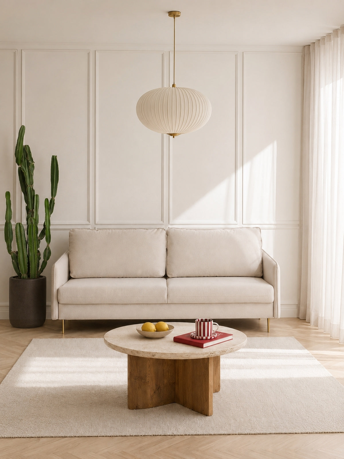 Canapea extensibilă Movani bej din material tip împletitură Loft 01 cu picioare aurii, vedere frontală