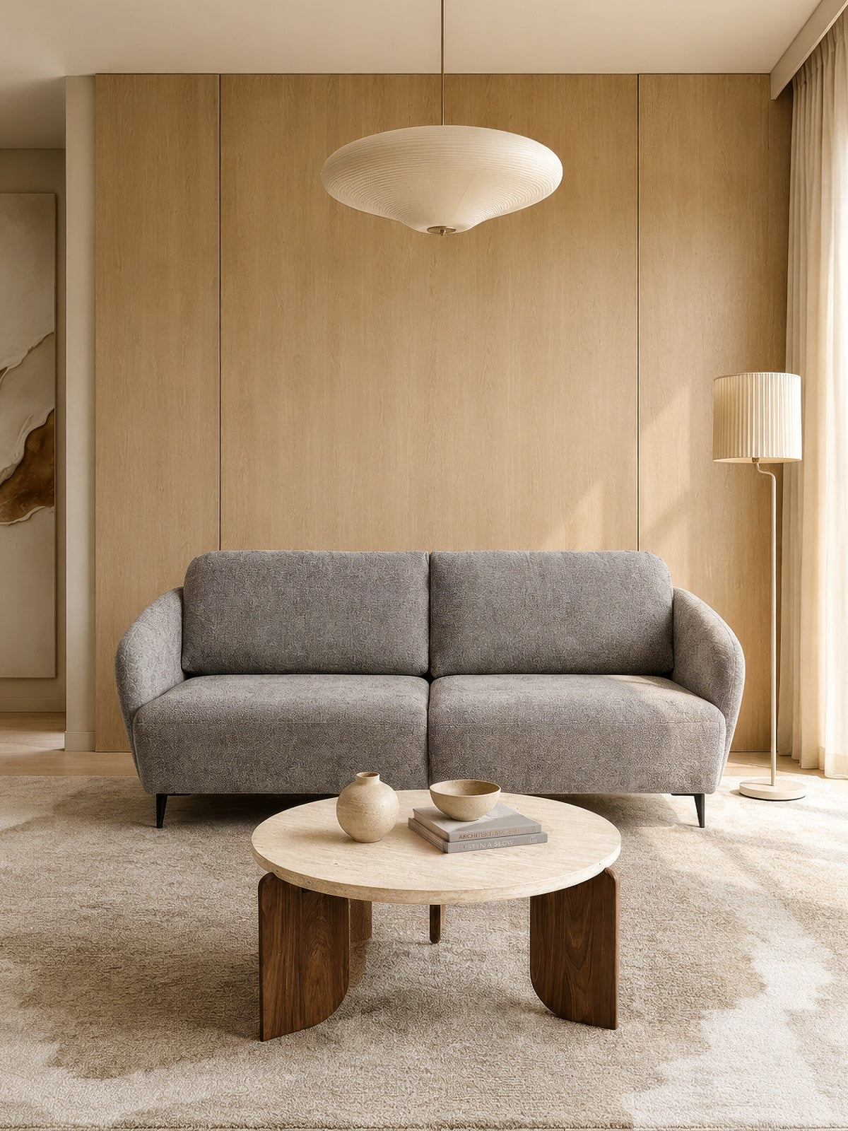 Canapea gri extensibilă Naolia în stil Modern Organic, vedere frontală