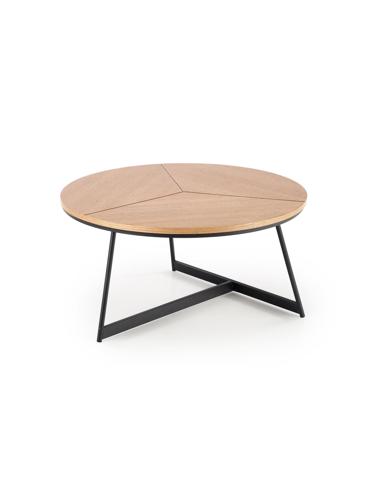 Masă rotundă de cafea Diara 80 cm blat furniruit stejar natural și picioare metalice negre