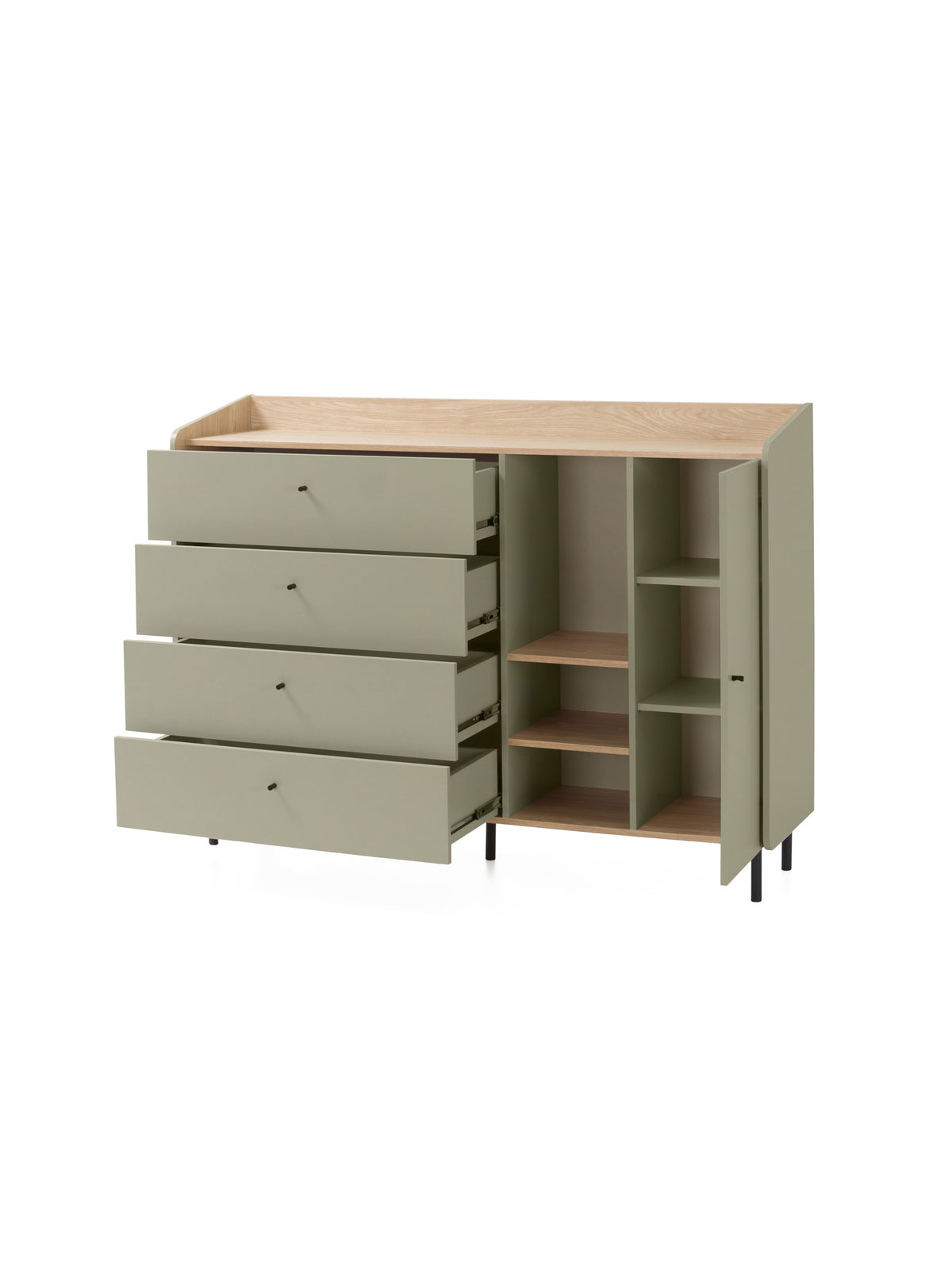 Comodă cu sertare Fiorenza 155 cm verde măsliniu cu front din stejar baltic dune, vedere cu sertarele deschise