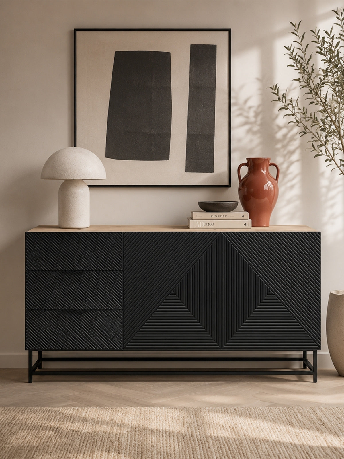 Comoda Asha 167 cm cu două uși cu sertare - artisan / negru mat / negru stelaz