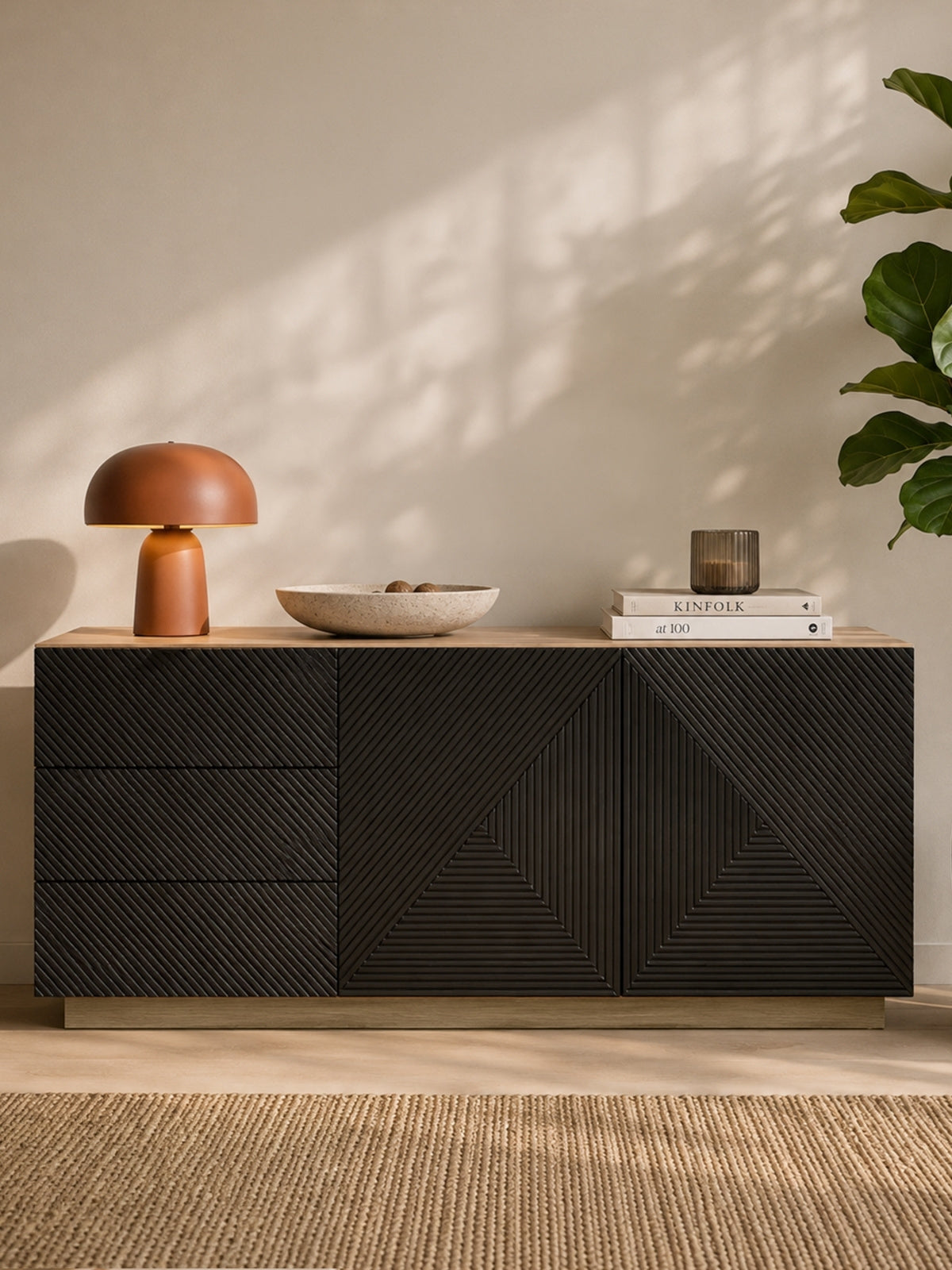 Comoda Asha 167 cm cu două uși cu sertare - artisan / negru mat