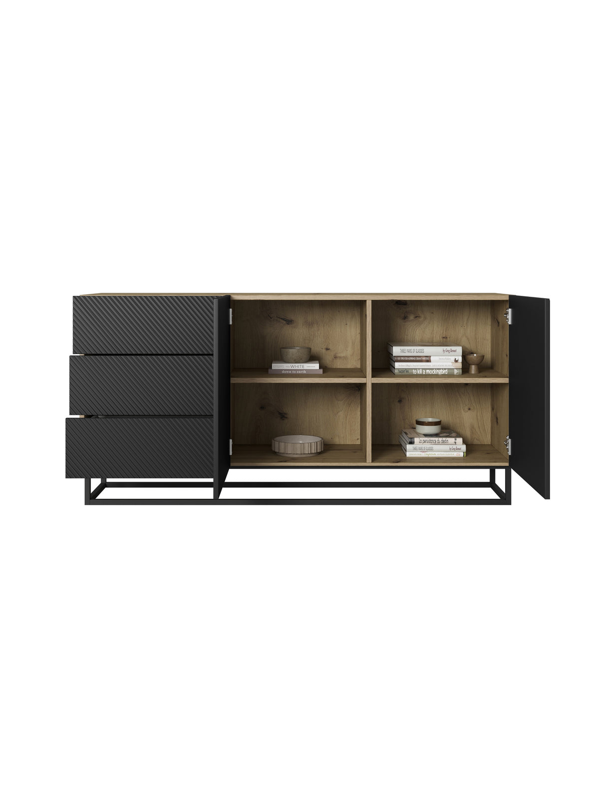Comoda Asha 167 cm cu sertare cu picioare metalice - artisan / negru mat