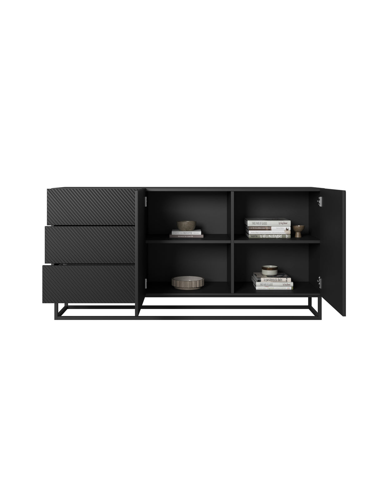 Comodă Asha 167 cm negru mat cu două uși și trei sertare, design modern