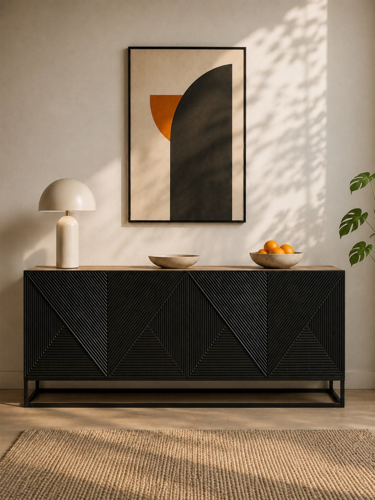 Comoda Asha 200 cm cu patru uși - artisan / negru mat / negru stelaz