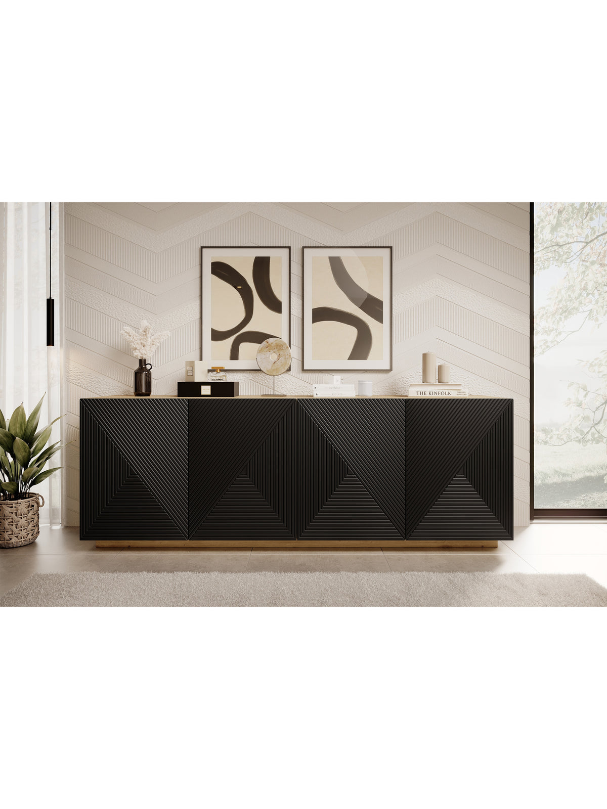 Comoda Asha 200 cm z ryflowanym frontem - artisan / negru mat