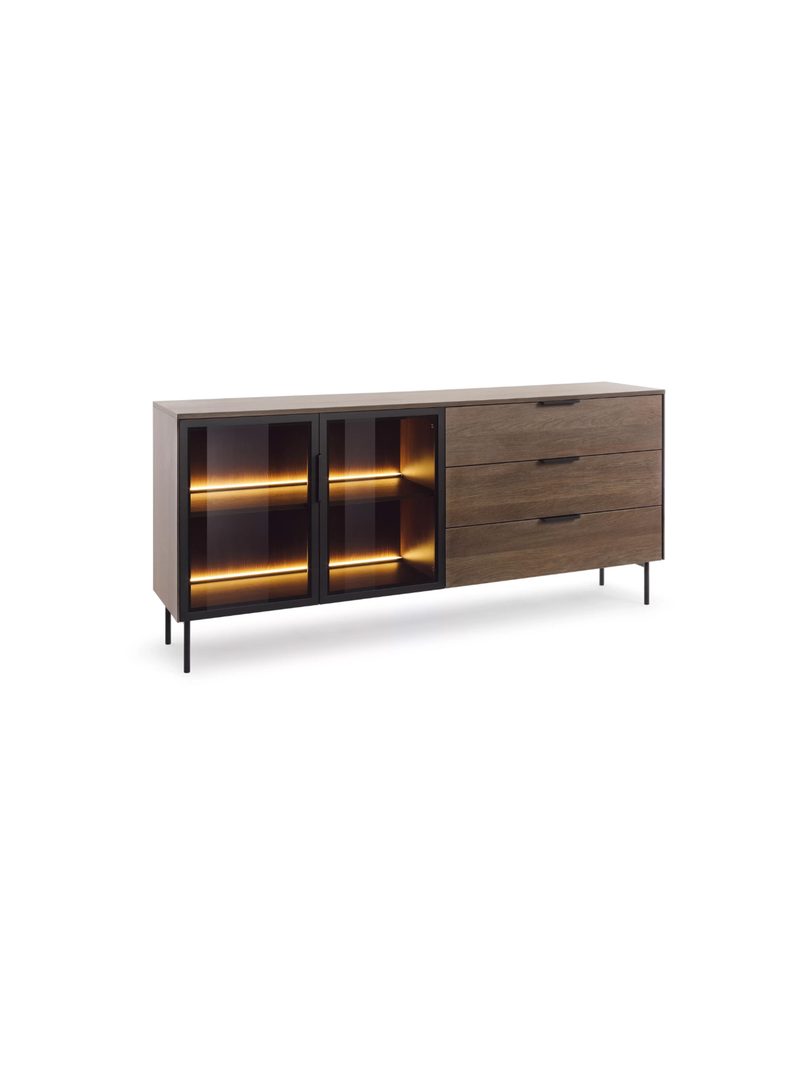 Comodă Auri 181 cm cu sertare și iluminare LED, fronturi stejar dunin și picioare negre