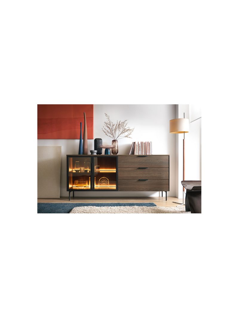 Comodă Auri 181 cm din laminat stejar dunin închis, cu 3 sertare și iluminare LED