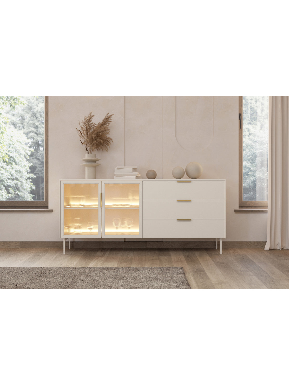 Comodă Auri 181 cm casmir cu trei sertare și uși iluminate cu LED