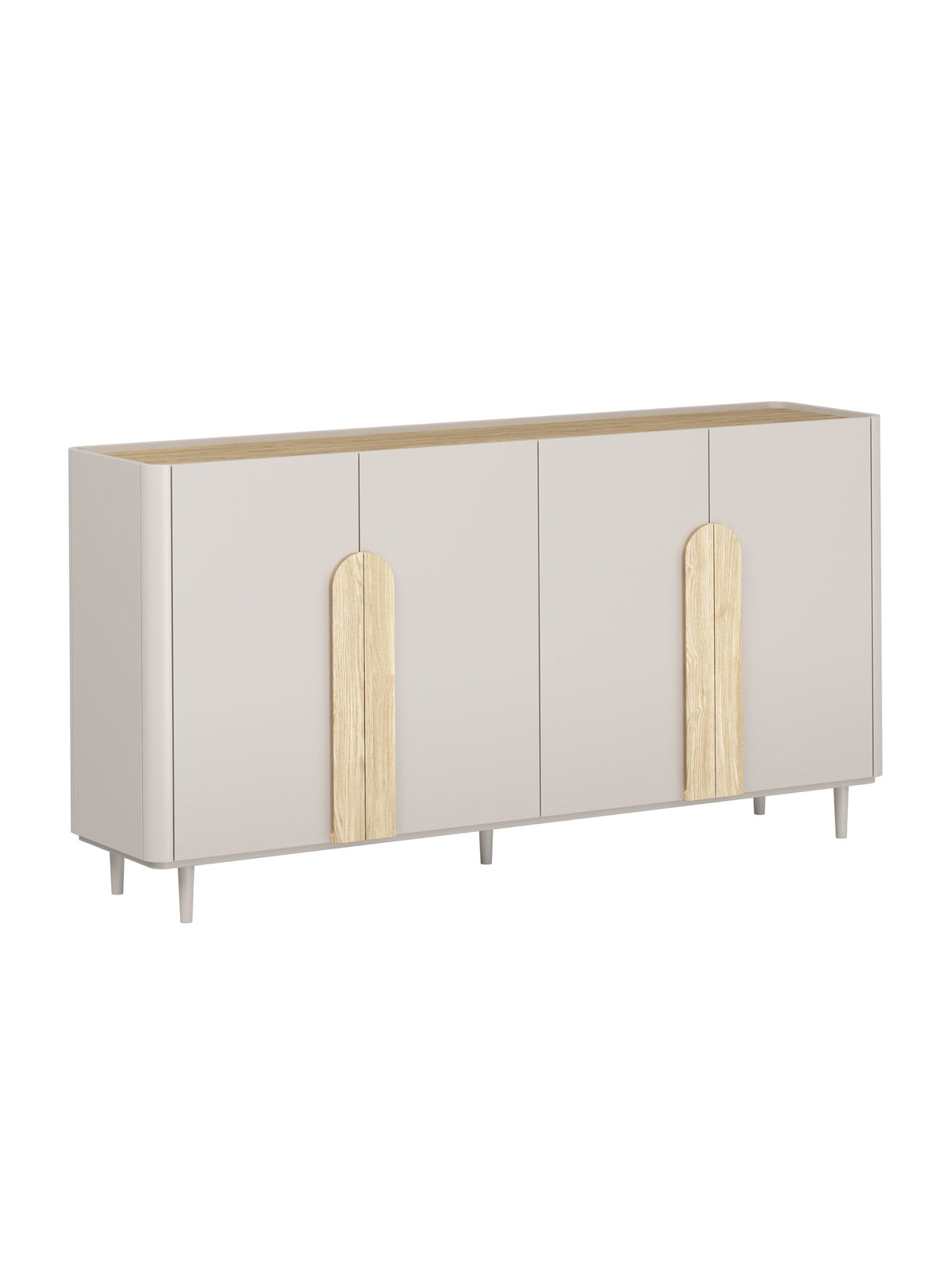Comodă Amilio 200 cm cu patru uși, culoare casmir, mânere stejar deschis, blat stejar uleiat