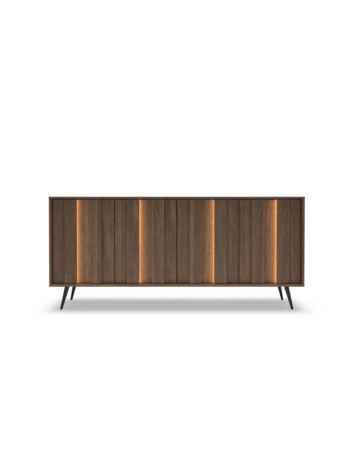 Comodă Flaro 183 cm cu iluminare LED, culoare stejar dunin, picioare metalice negre, design modern