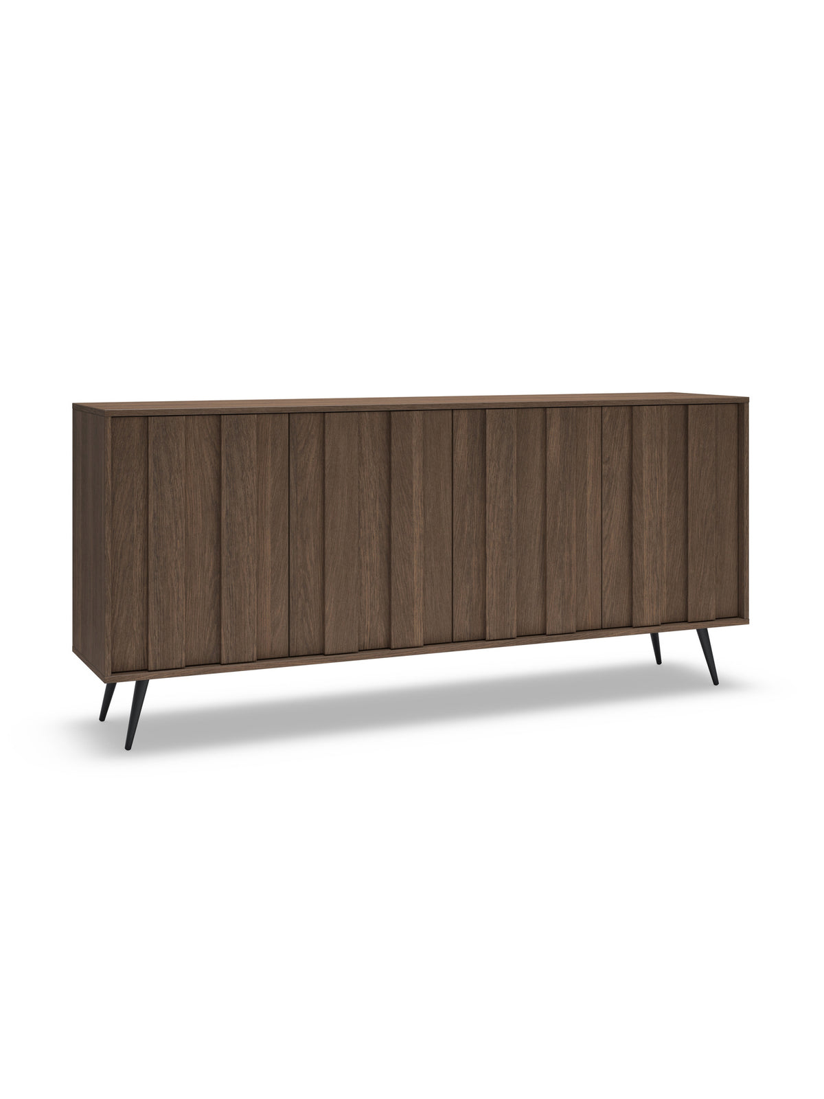 Comodă Flaro 183 cm cu iluminare LED, lemn închis la culoare dub dunin, picioare negre metalice