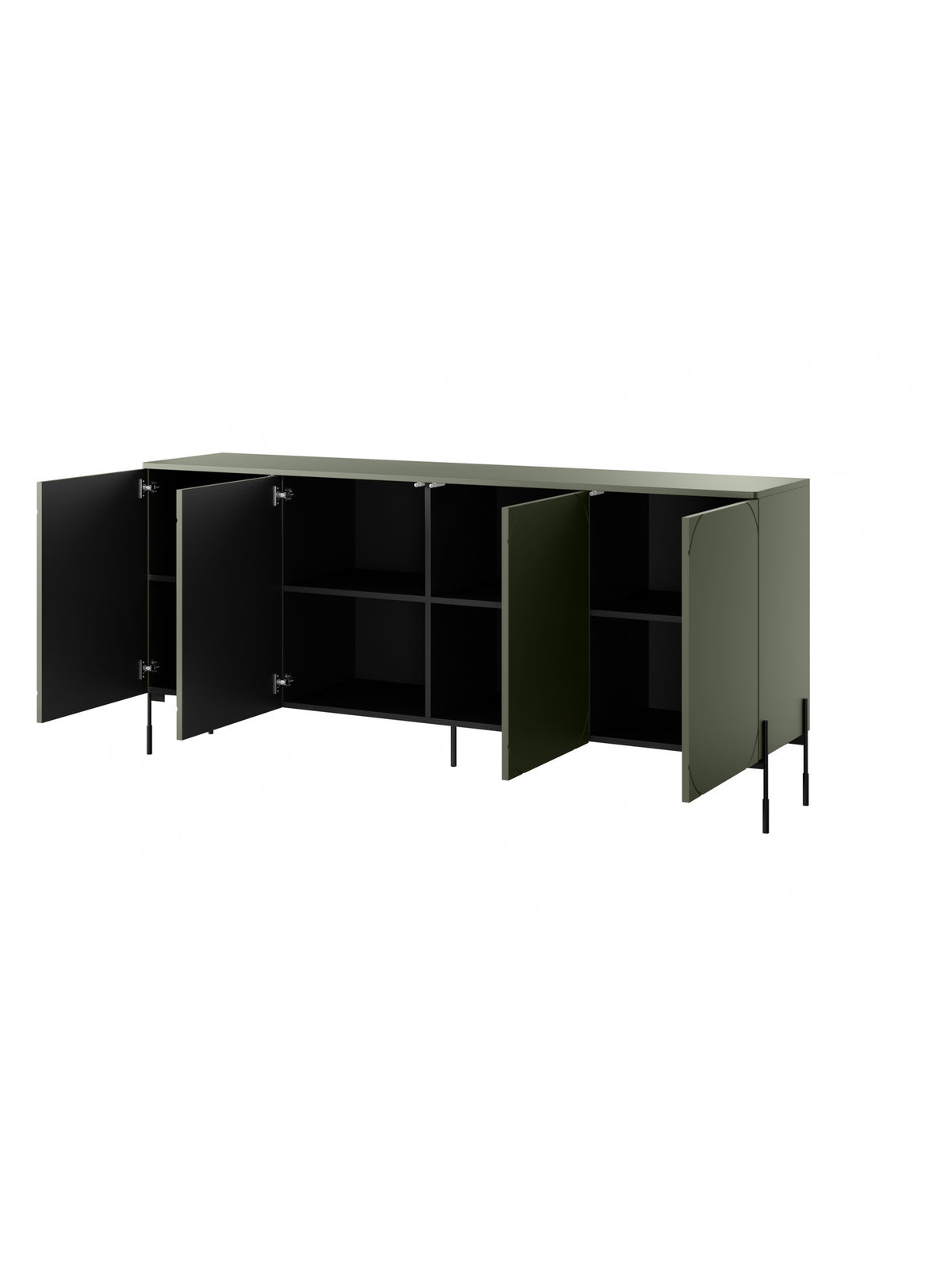 Comodă Sonatia 200 cm cu patru uși, culoare măslinie, picioare negre, vedere interior deschis
