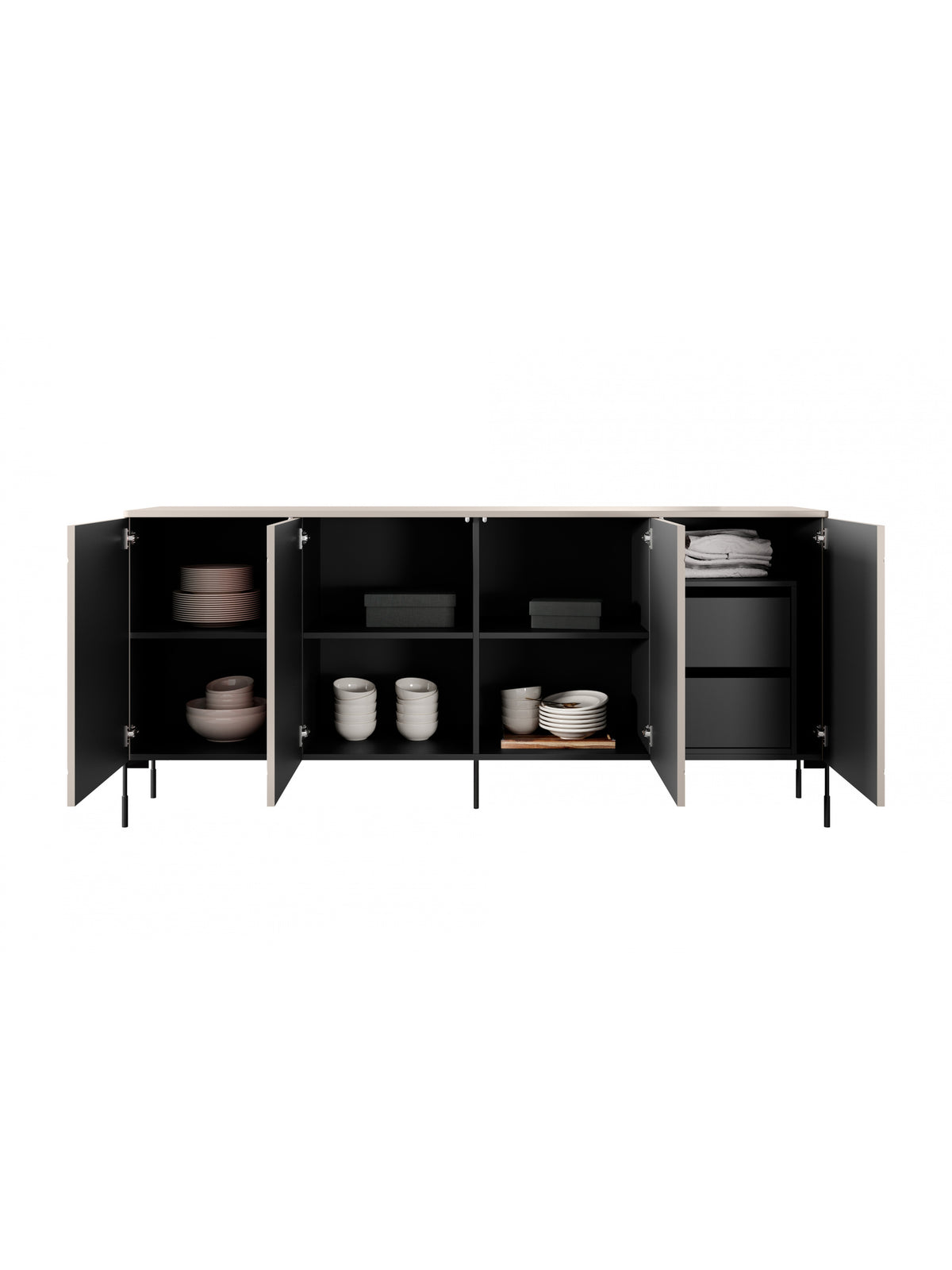 Comodă Sonatia 200 cm casmir cu picioare negre, cu patru uși și sertare, interior deschis