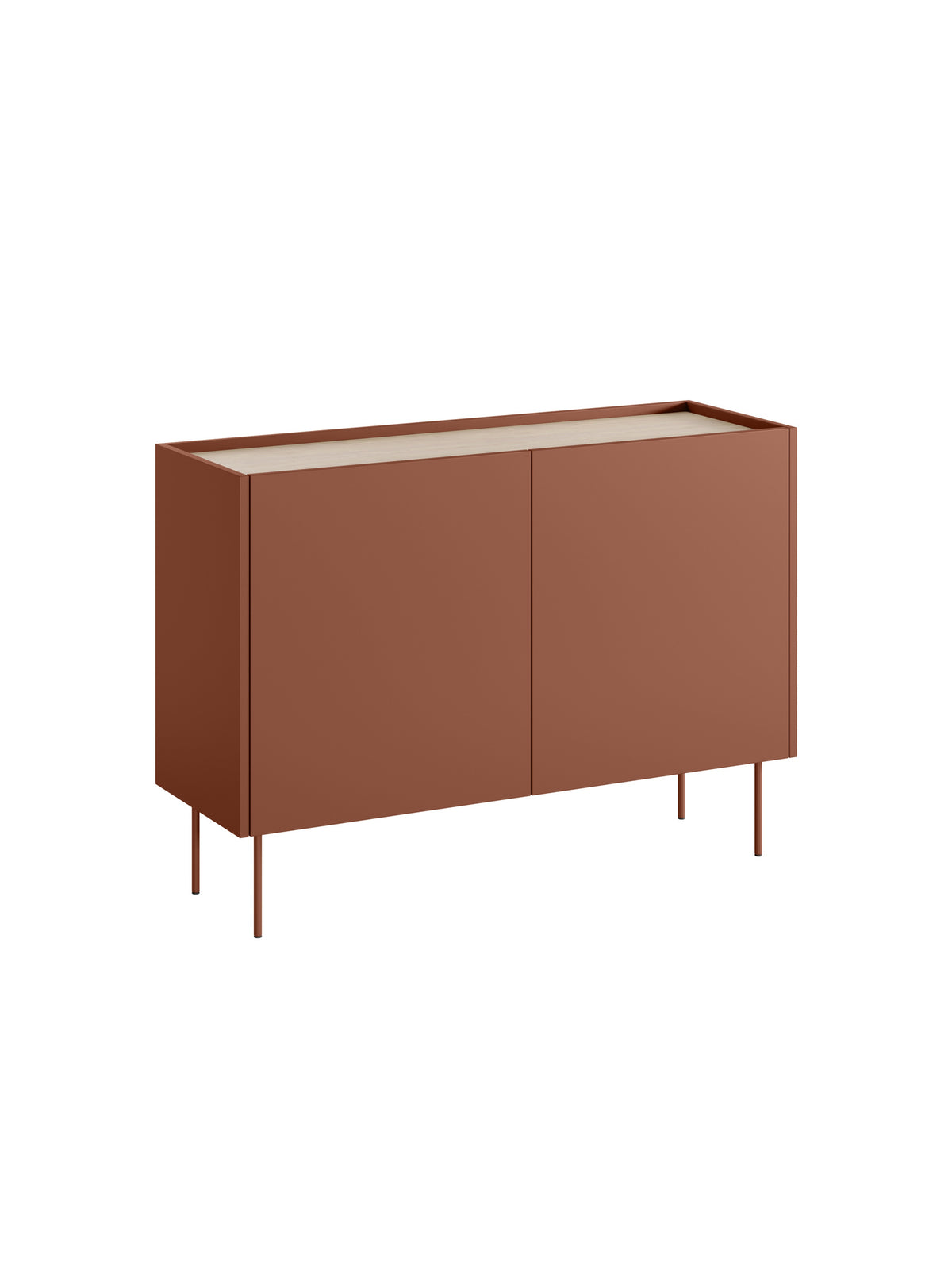 Comodă Desin 120 cm cu două uși, ceramic red mat, blat stejar Nagano și picioare metalice