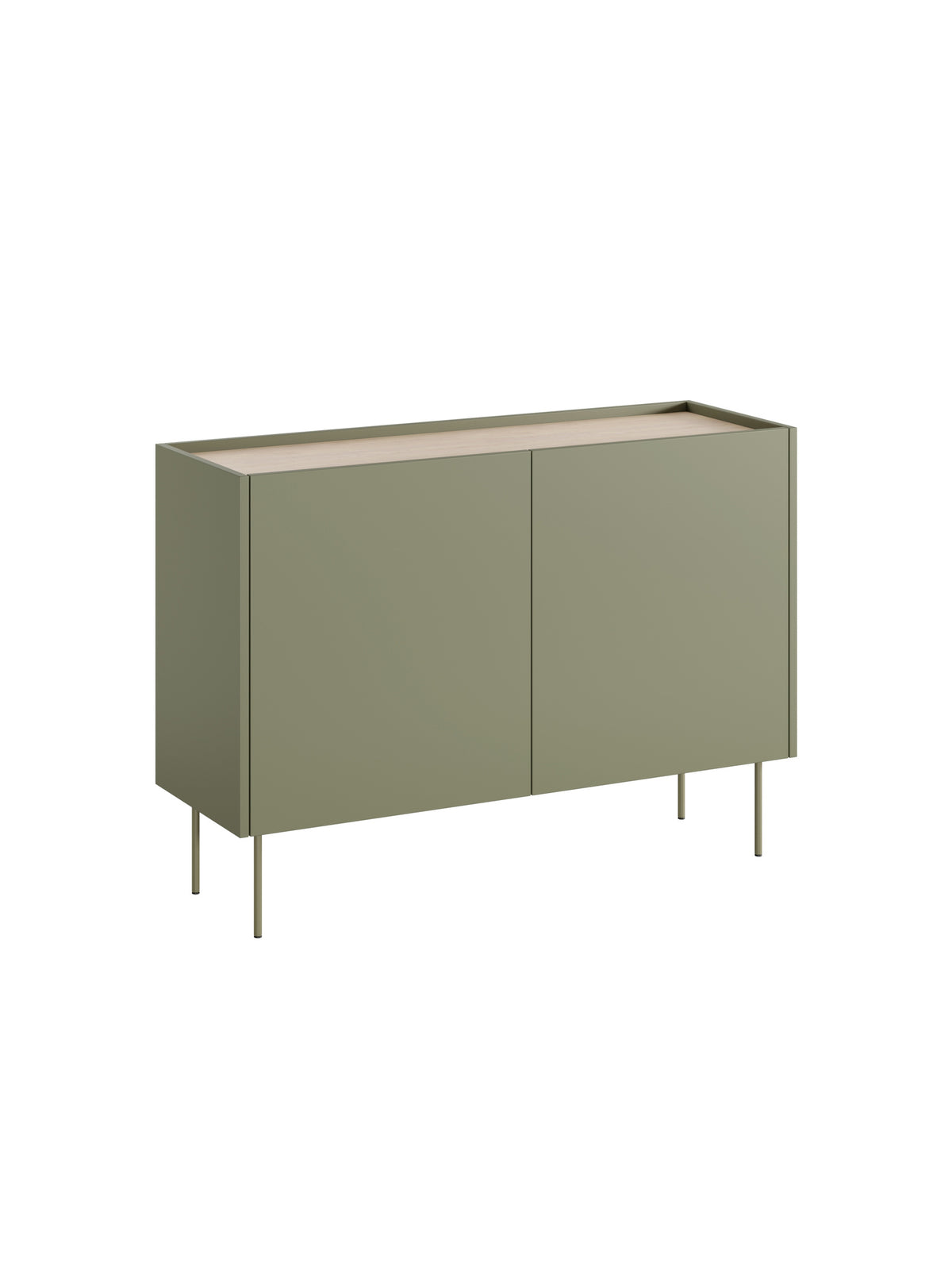 Comodă Desin 120 cm cu două uși, culoare măslinie mată, blat stejar Nagano, picioare metalice