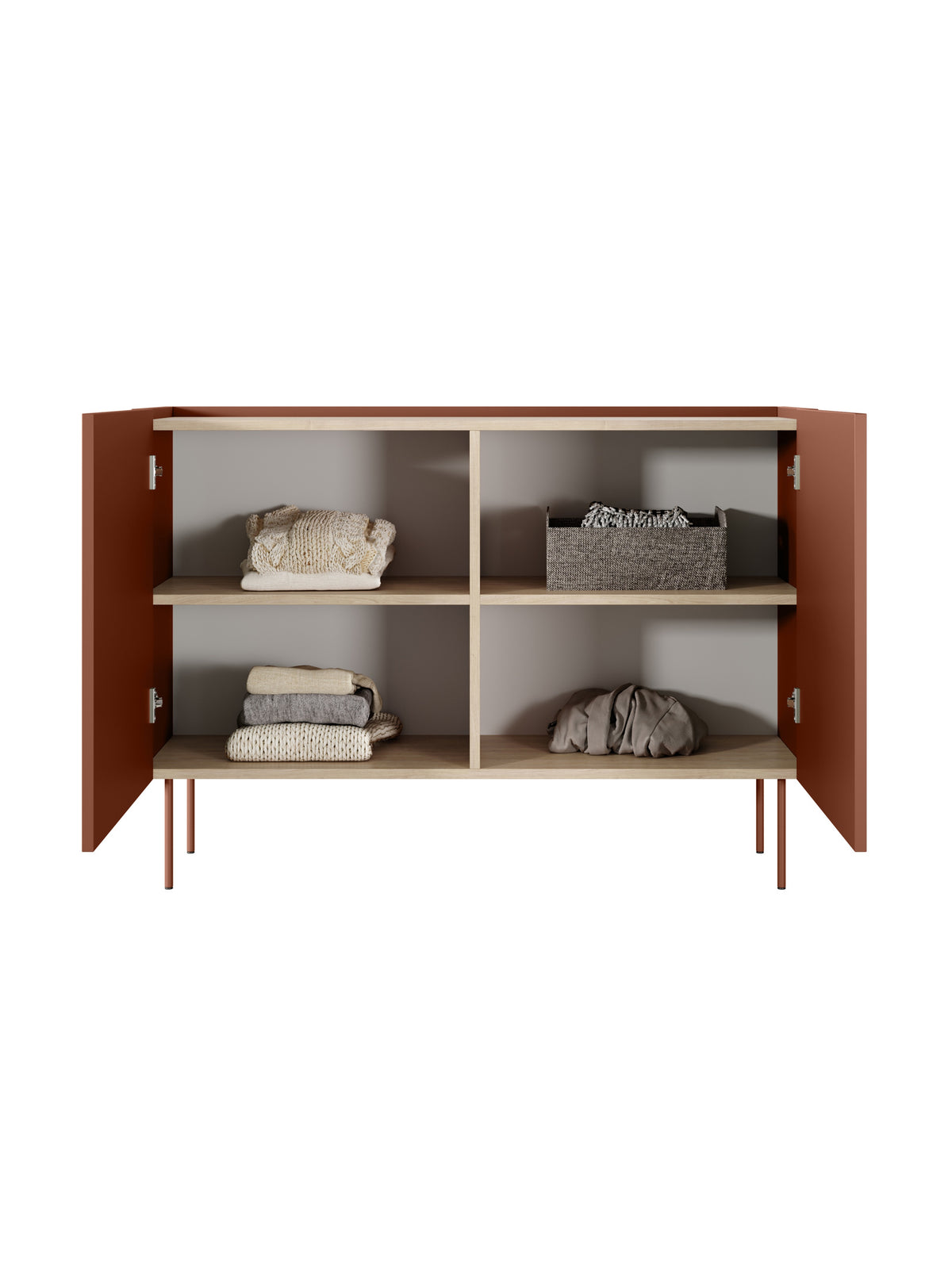 Comodă Desin 120 cm cu două uși, culoare ceramic red, blat din lemn de stejar nagano, interior cu rafturi