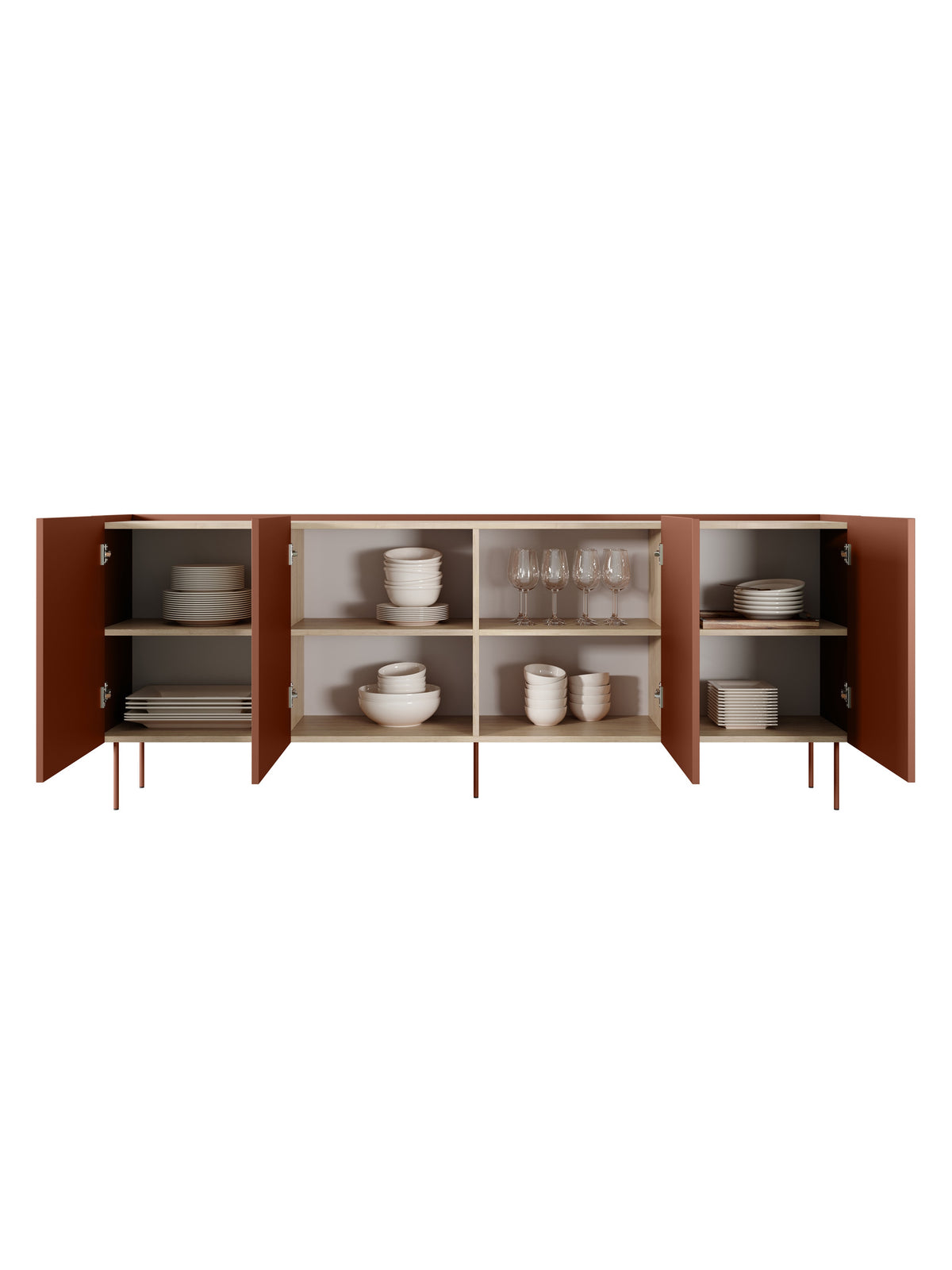 Komoda Desin 220 cm czterodrzwiowa w kolorze ceramic red z blatem dąb nagano, otwarte drzwi