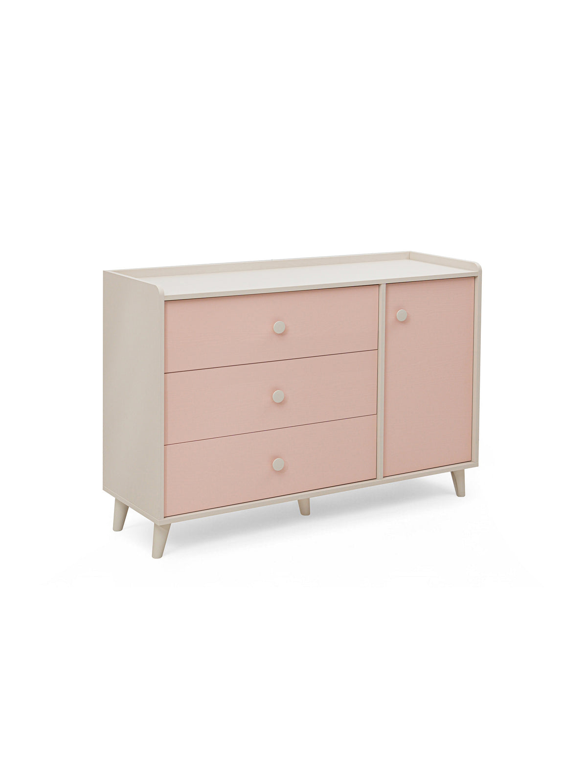 Comodă pentru copii Marla 120 cm cu sertare millenial pink și corp culoarea nisipului de deșert