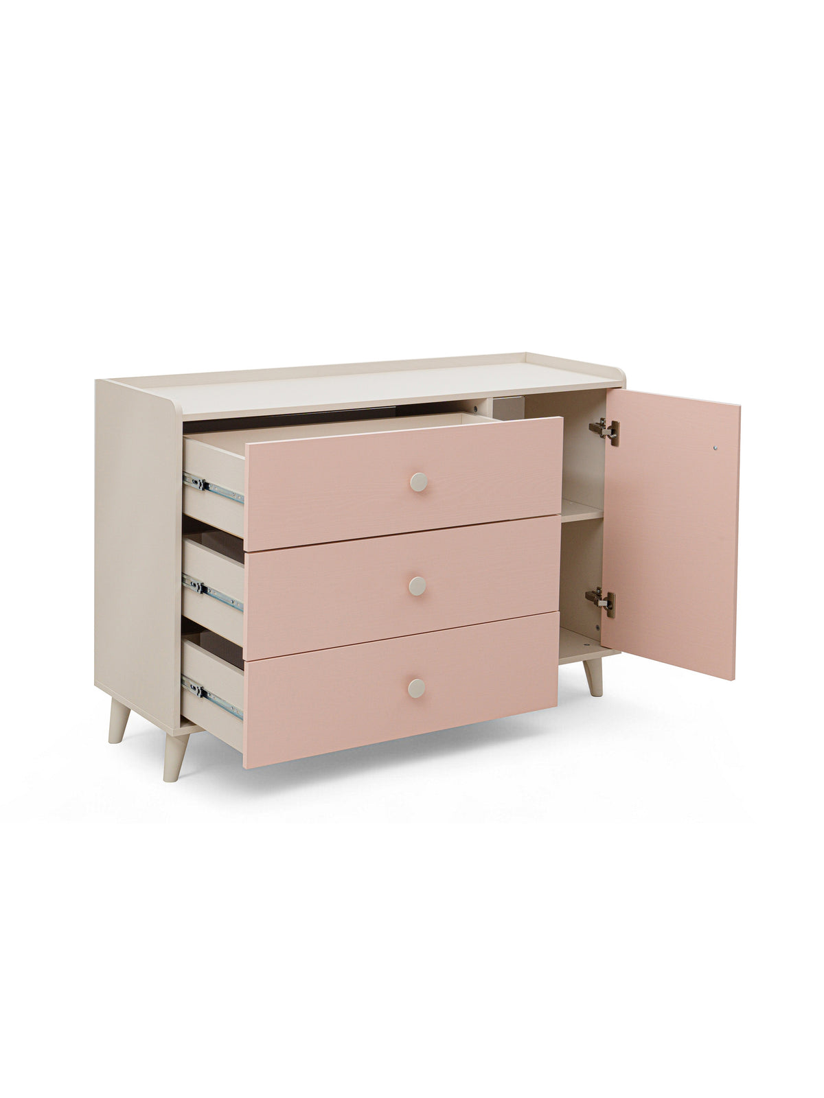 Comodă pentru copii Marla 120 cm cu sertare, fațadă millenial pink, corp piatră de nisip