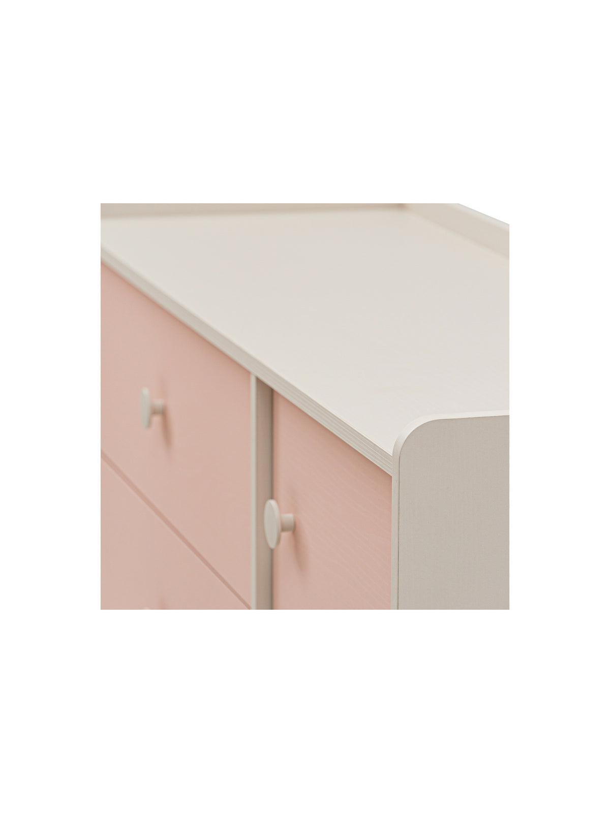 Comodă pentru copii Marla 120 cm, corp nisip deșert, sertare roz millenial pink, detaliu fațadă și mânere