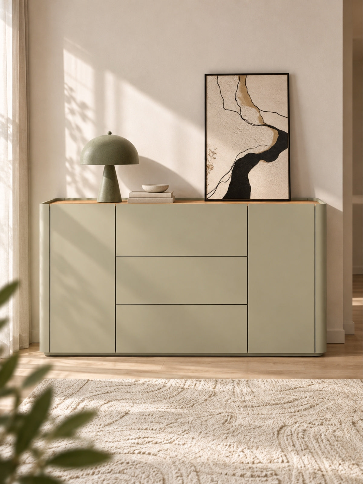 Comodă Elivo 150 cm culoare eucalipt, trei sertare, blat dąb baltic dune