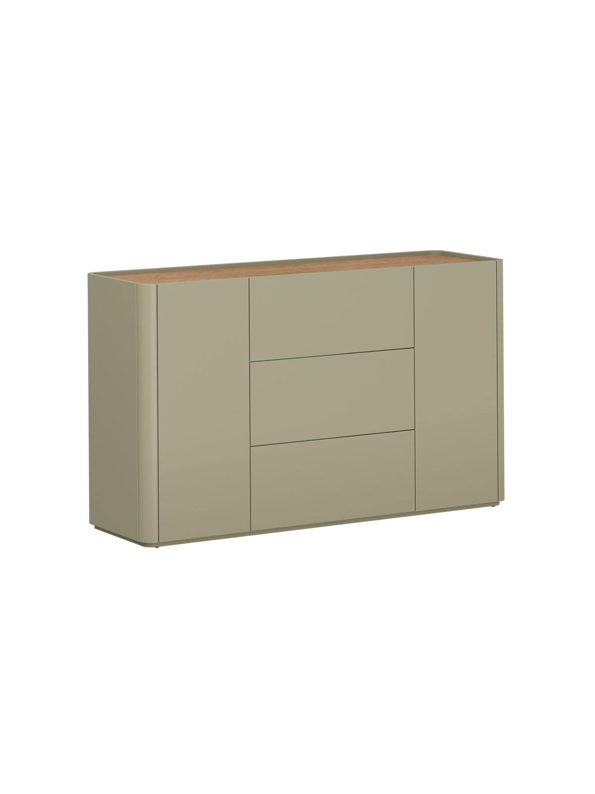 Comodă Elivo 150 cm eucalipt cu blat stejar baltic dune, 2 uși și 3 sertare
