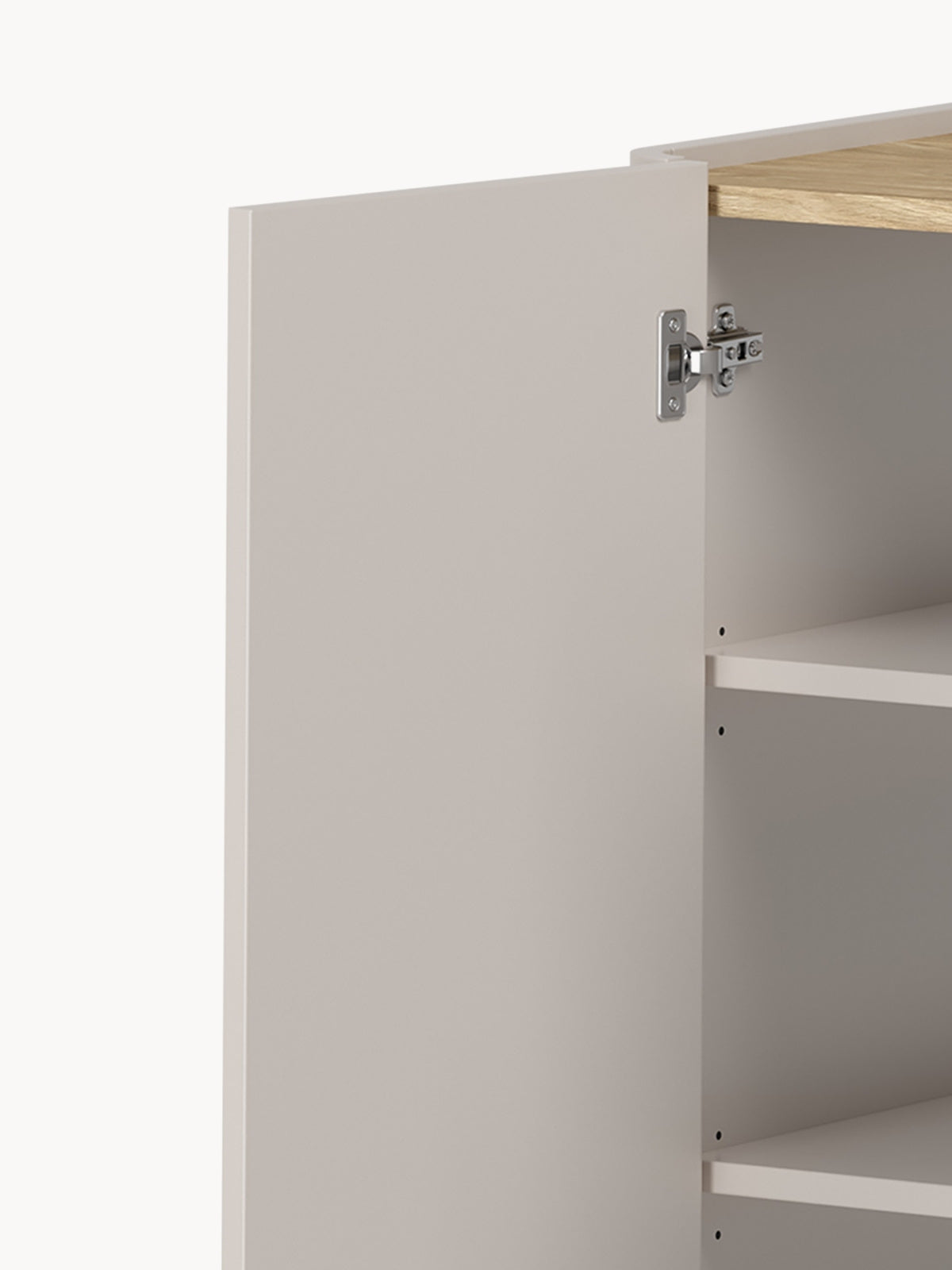 Comodă Elivo 150 cm casmir cu sertare și uși deschise vedere interior