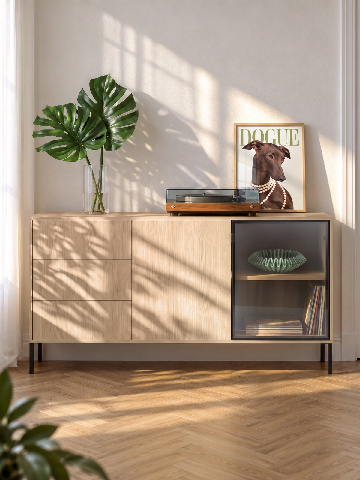 Comodă Harmona 160 cm culoare stejar lindberg cu sertare și iluminare LED