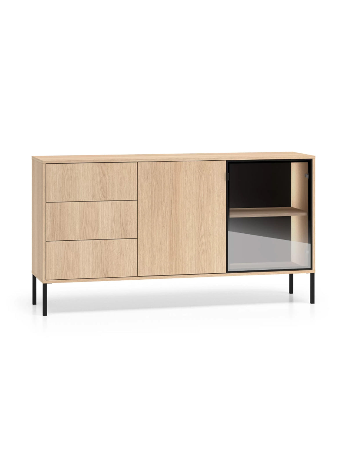 Comodă Harmona 160 cm cu sertare, uși și iluminare LED, culoare stejar lindberg, picioare negre
