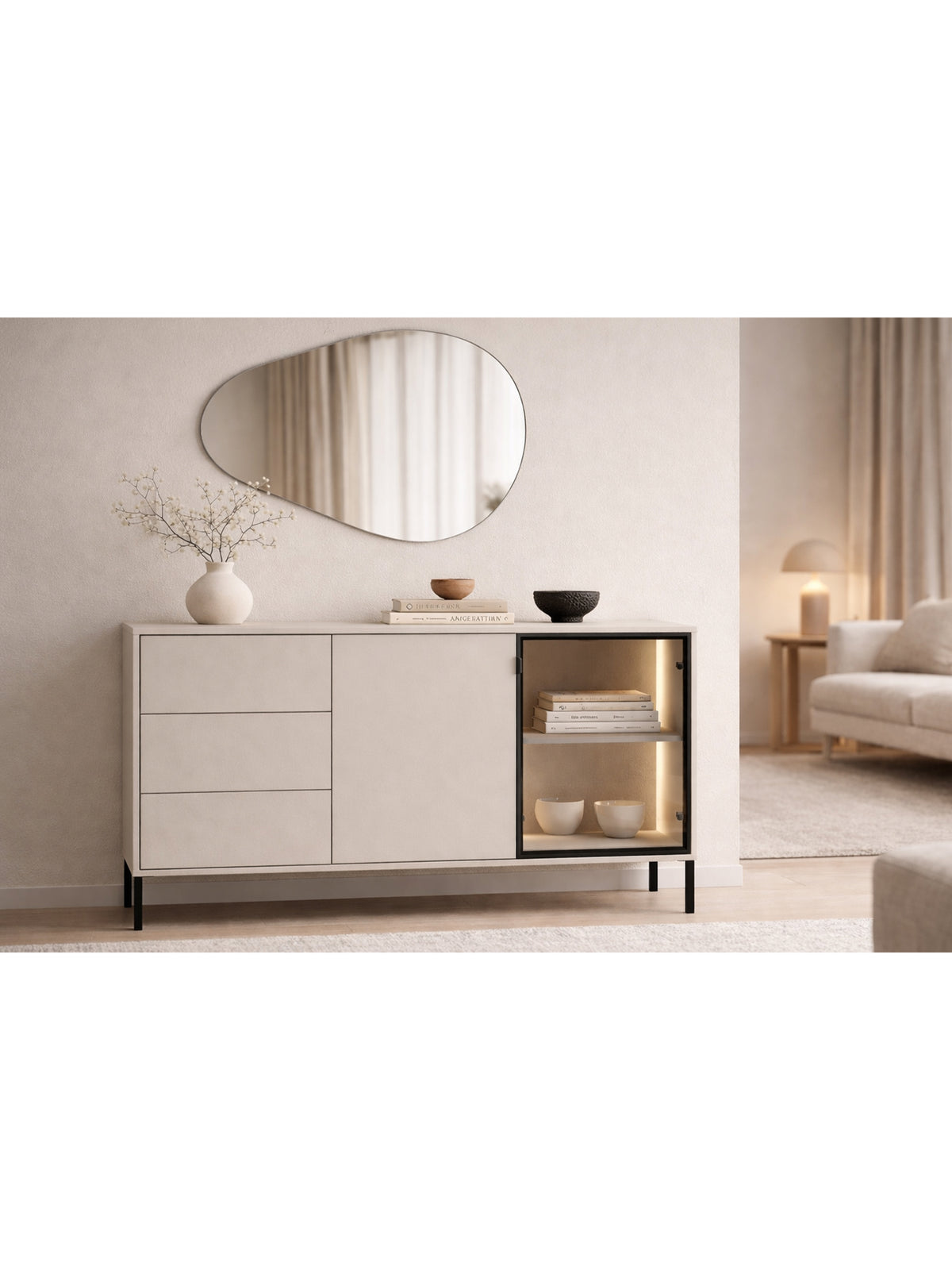 Comodă Harmona 160 cm cashmere cu sertare și iluminare LED, picioare negre, vedere frontală