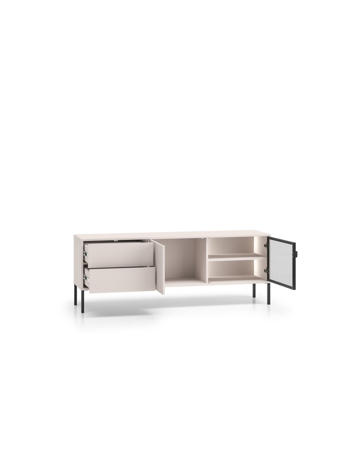 Comodă TV Harmona 160 cm cashmere cu sertare, compartimente deschise și iluminare LED