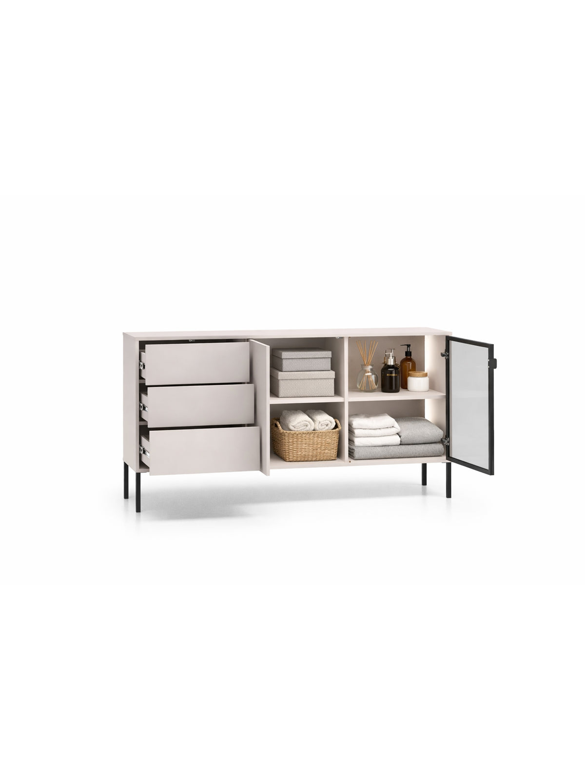 Comodă Harmona 160 cm casmir cu LED, uși și sertare deschise, interior vizibil