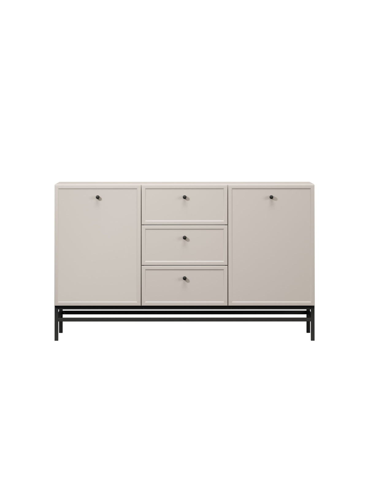 Comodă Lorini 150 cm în culoare cashmere cu mânere negre și cadru metalic, vedere frontală
