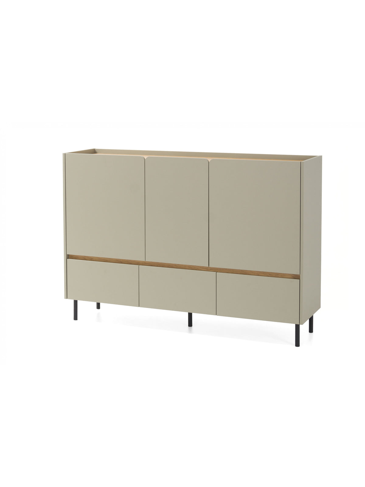 Comodă Altea 150 cm cu sertare, nuanțe eucalipt și stejar baltic dune, picioare metalice