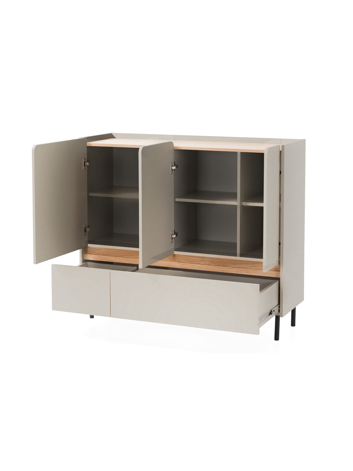 Comodă Altea 120 cm bej nisipiu cu front din stejar și uși deschise, 2 sertare