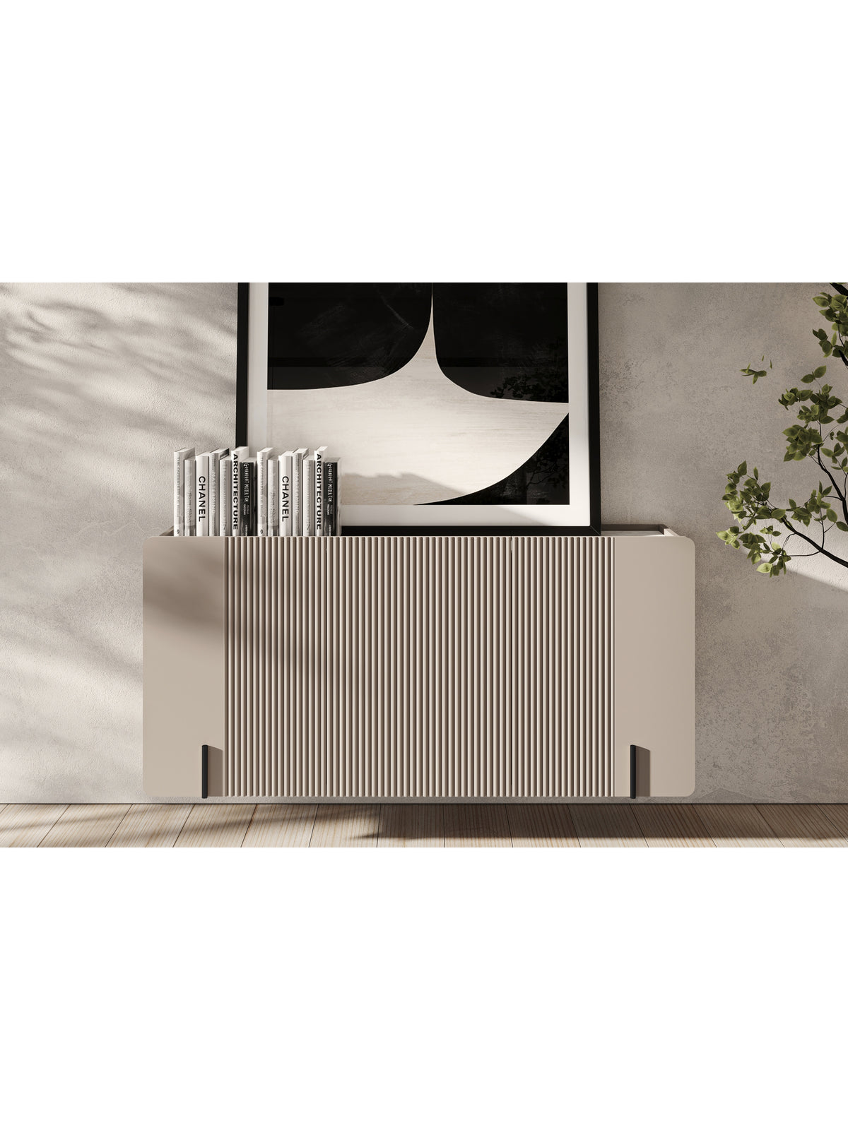 Comodă modernă Malmi 150 cm cashmere cu trei uși canelate și blat crema bianca