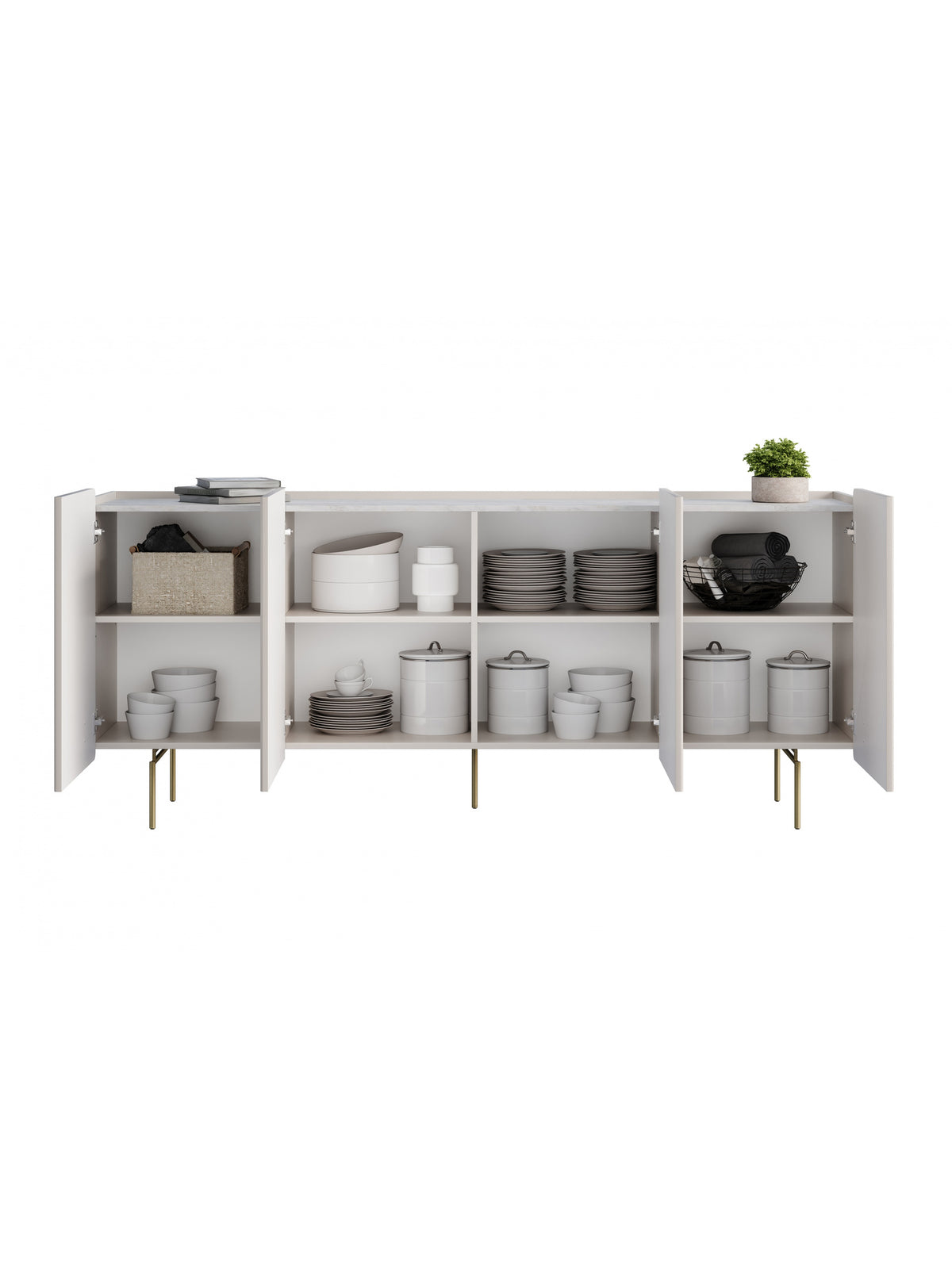 Comodă Malmi 200 cm cu patru uși, culoare cashmere, blat crema bianca și picioare aurii, interior cu rafturi