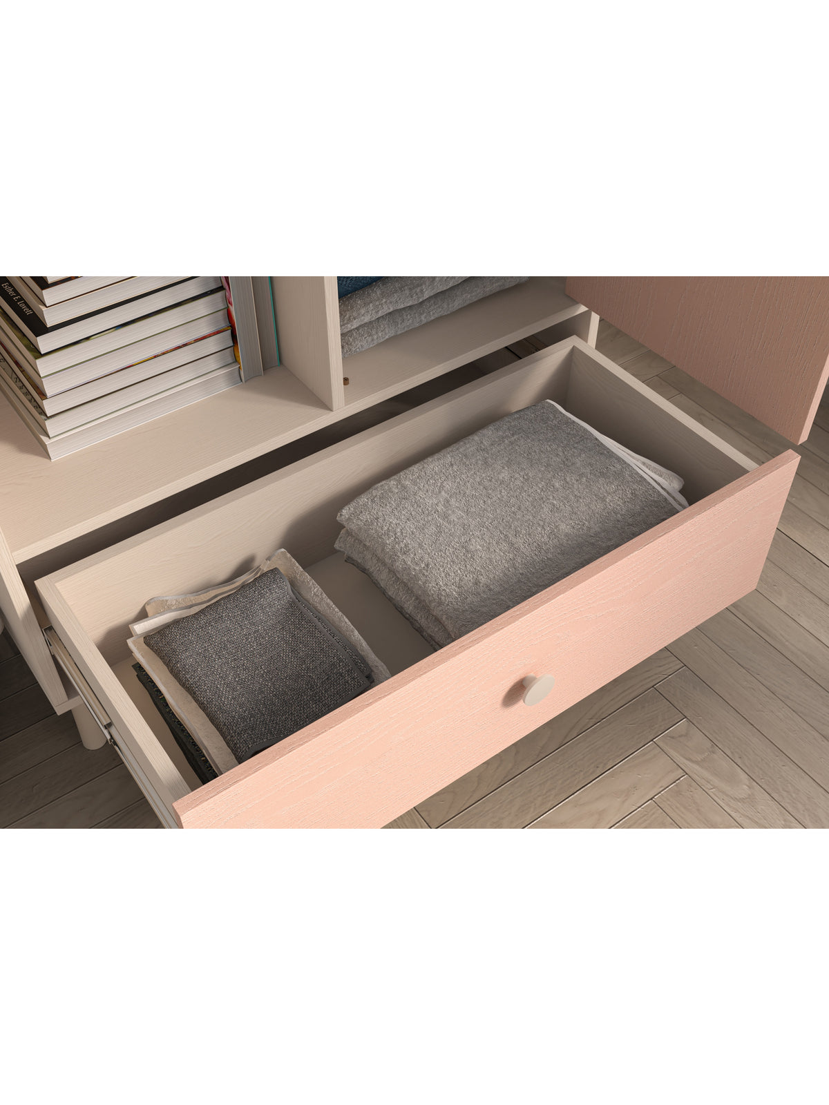 Comodă pentru copii Marla 80 cm cu sertar roz deschis cu cutii în interior