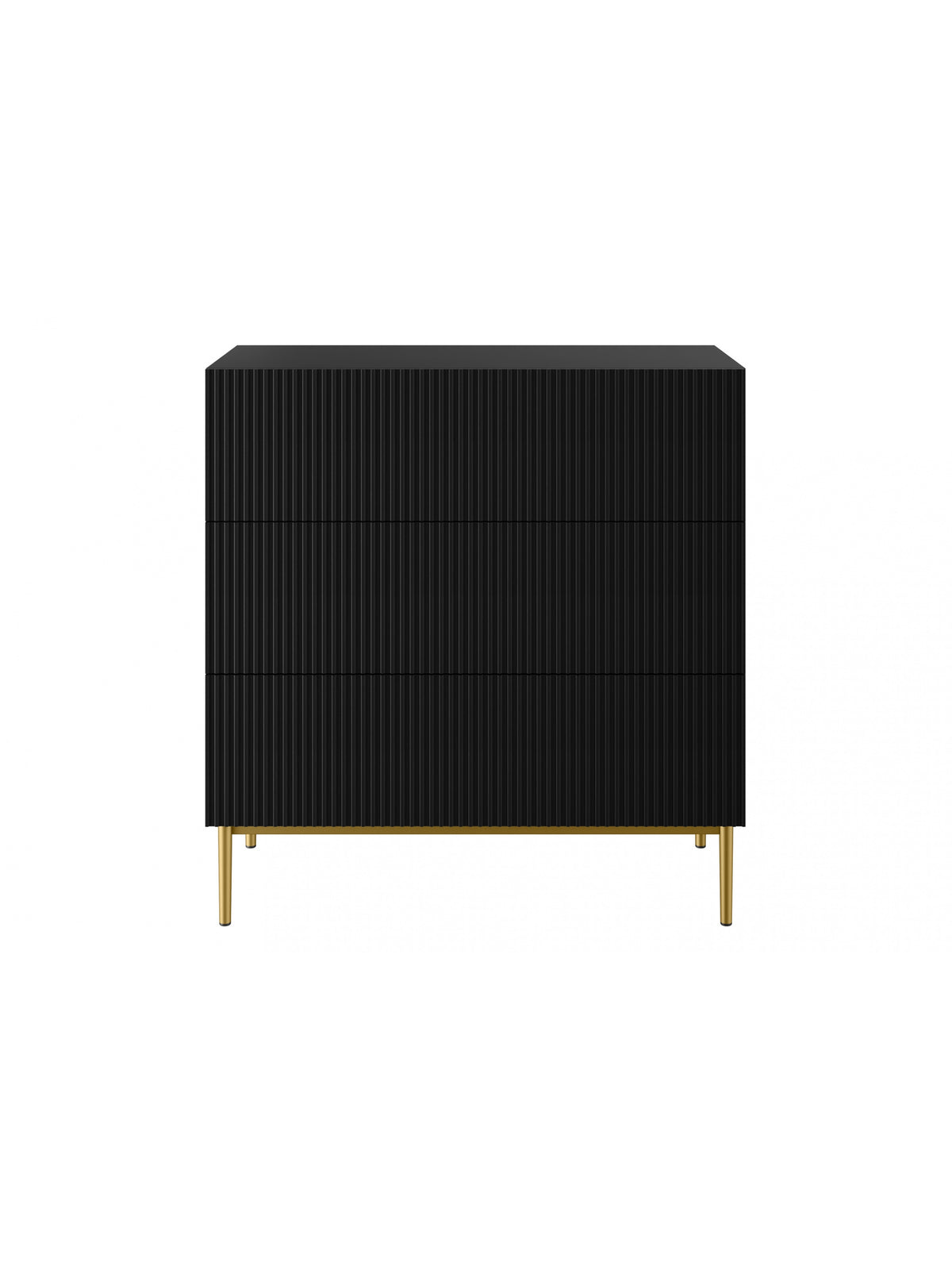 Comodă Nicole 100 cm negru mat cu front striat și picioare aurii, vedere frontală