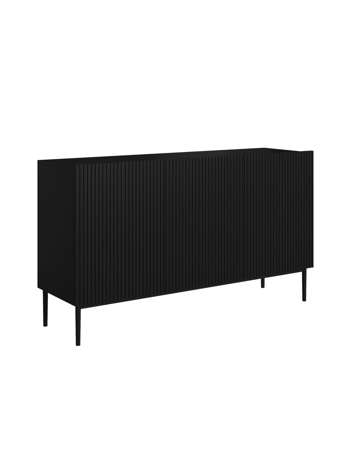 Comodă Nicole 150 cm cu trei uși, front striat negru mat și picioare negre