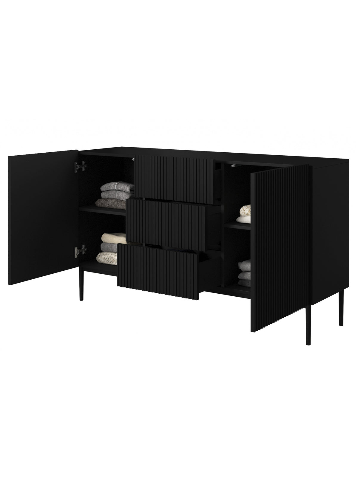 Comodă Nicole 150 cm negru mat cu front striat, 3 sertare și 2 uși, deschisă