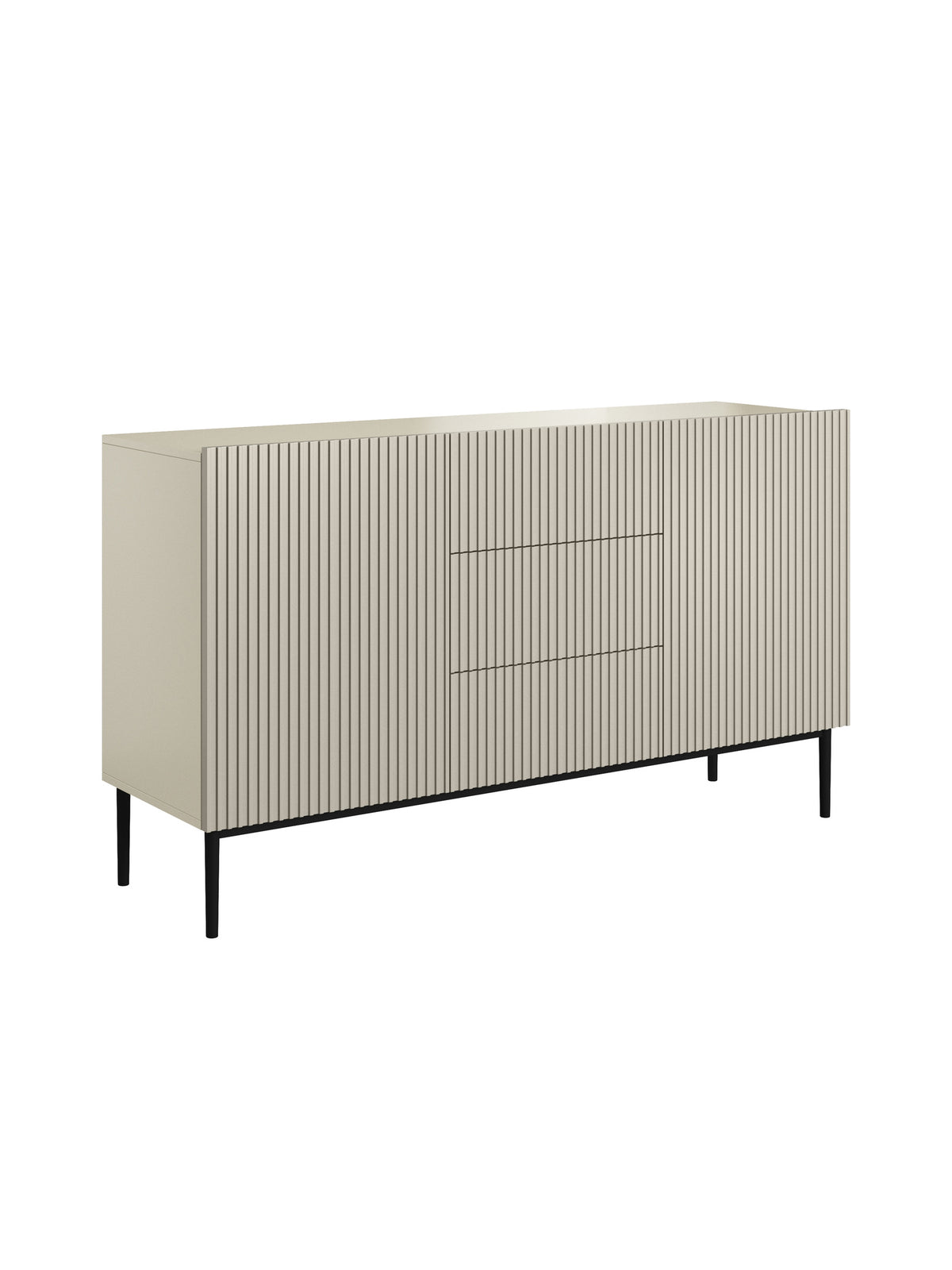 Comodă Nicole 150 cm culoare cashmere cu front canelat și picioare negre, vedere frontală