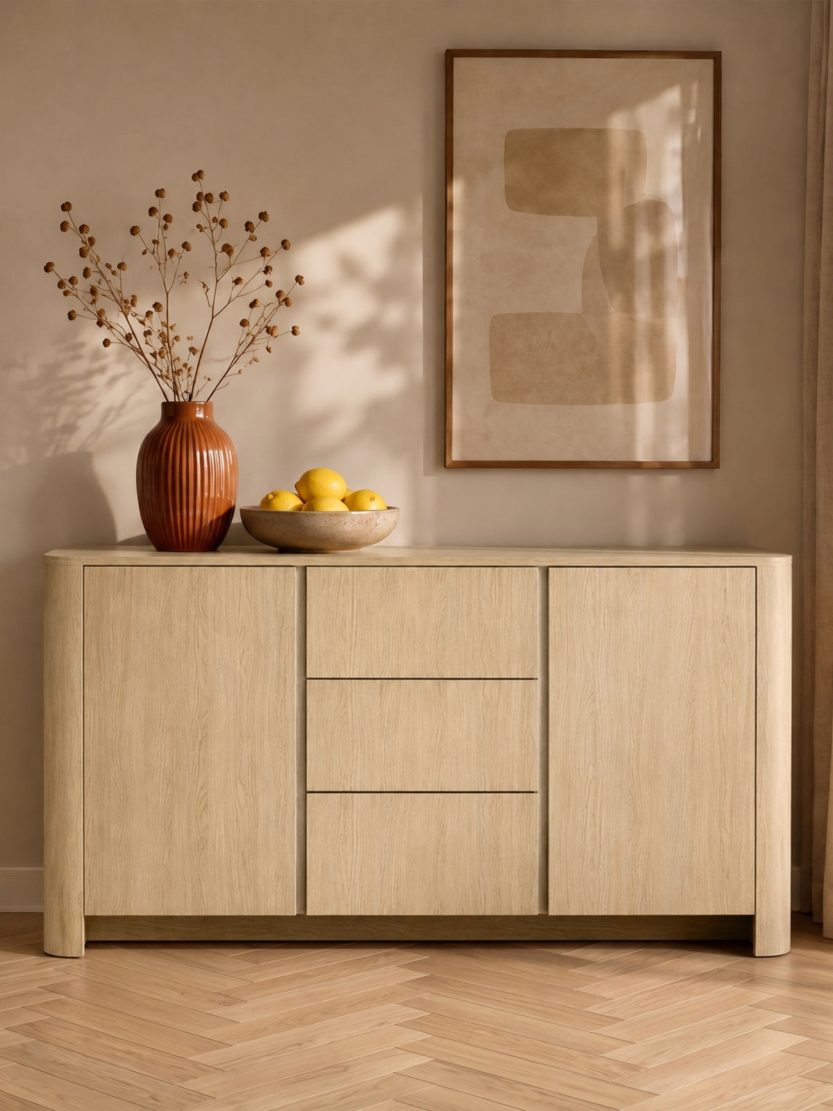 Comodă Sorrenti 168 cm cu sertare, culoare stejar vicenza, stil modern Scandi
