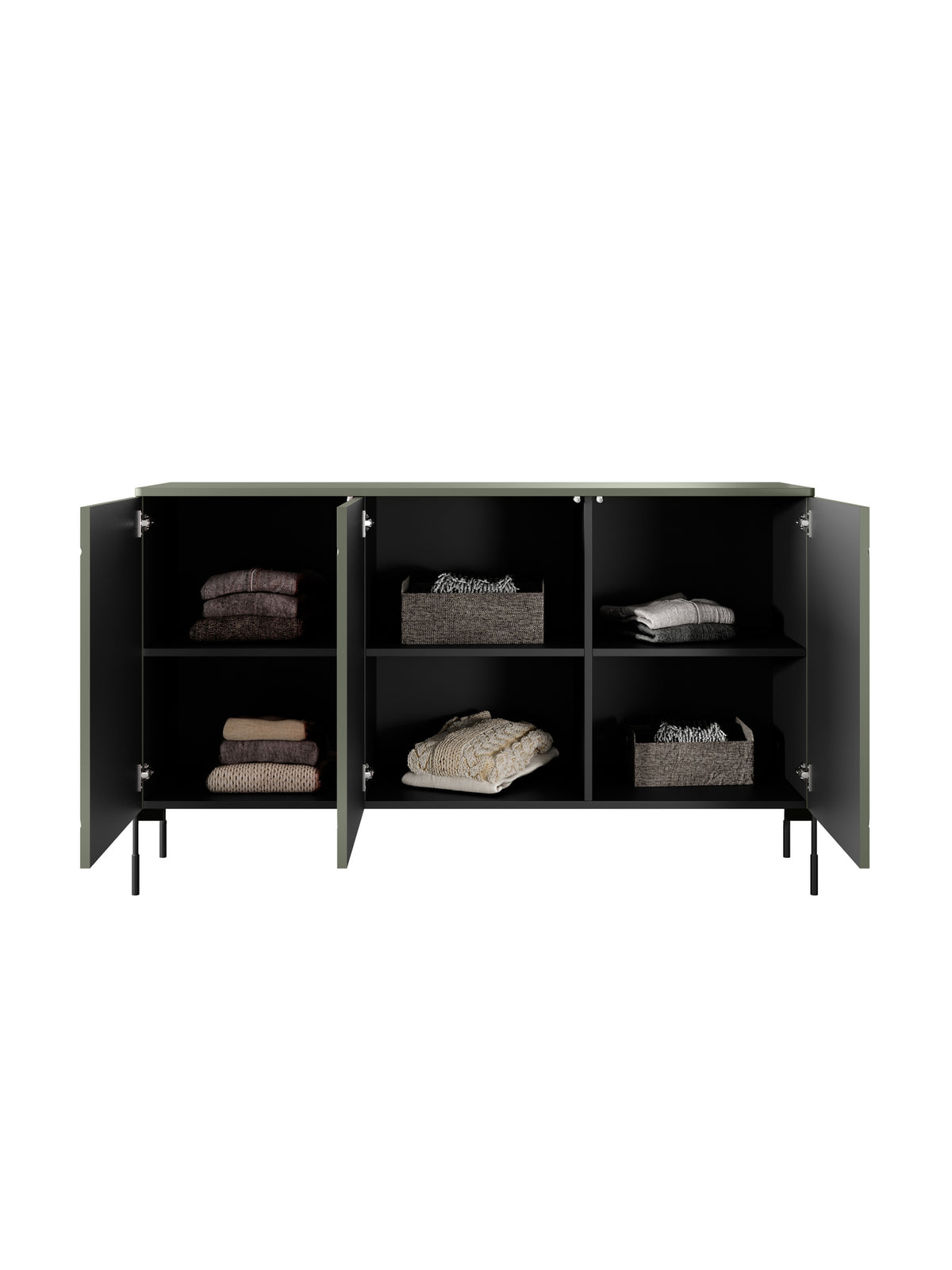 Comodă Sonatia 150 cm trei uși, culoare măsliniu cu picioare negre, front neted, vedere interior